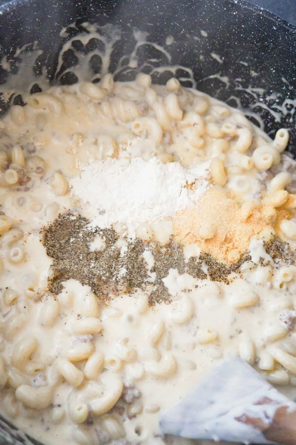 spices on top of creamy pasta in a pot