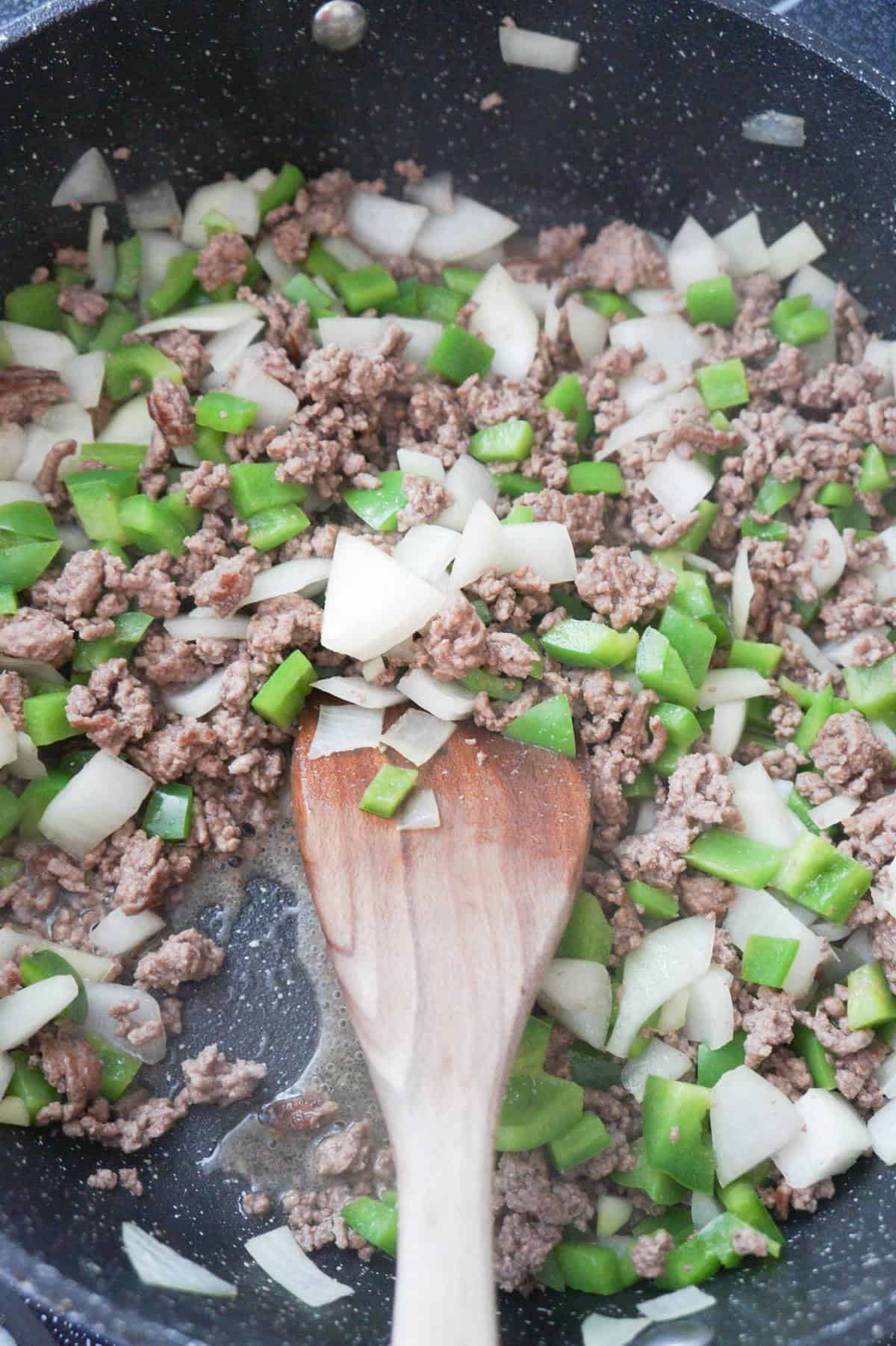 ground beef, diced onion and diced green pepper