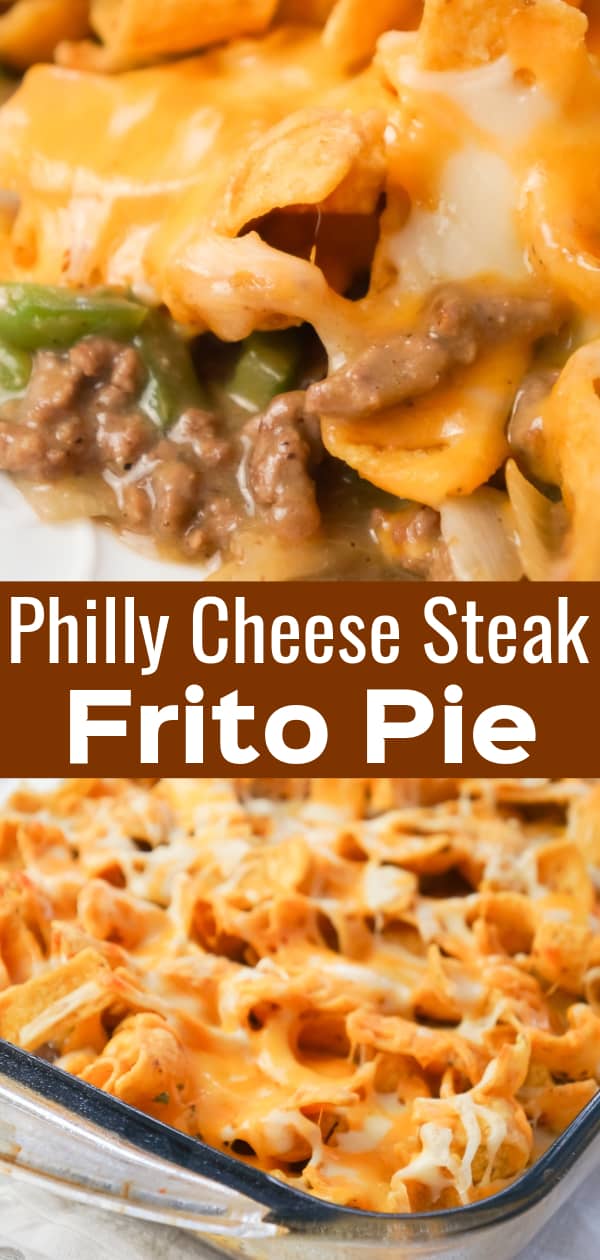 Philly Cheese Steak Frito Pie is an easy ground beef casserole recipe loaded with green peppers, onions, Fritos corn chips and shredded mozzarella and cheddar cheese.