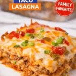 Taco Lasagna – cheesy Mexican casserole perfection! Layers of soft flour tortillas, seasoned ground beef, mild salsa, Rotel, and a massive blend of mozzarella + cheddar cheese. Baked until bubbly and golden – easy family dinner with taco flavors in lasagna form. Just 20 min prep, ready in 40 min total! Top with extra green onions, sour cream, or avocado. Perfect for Taco Tuesday or weeknight meals. 🌮🧀🍅 #TacoLasagna #MexicanCasserole #GroundBeefRecipes #EasyDinner #CheesyLasagna #TacoTuesday #FamilyDinner #CasseroleRecipes