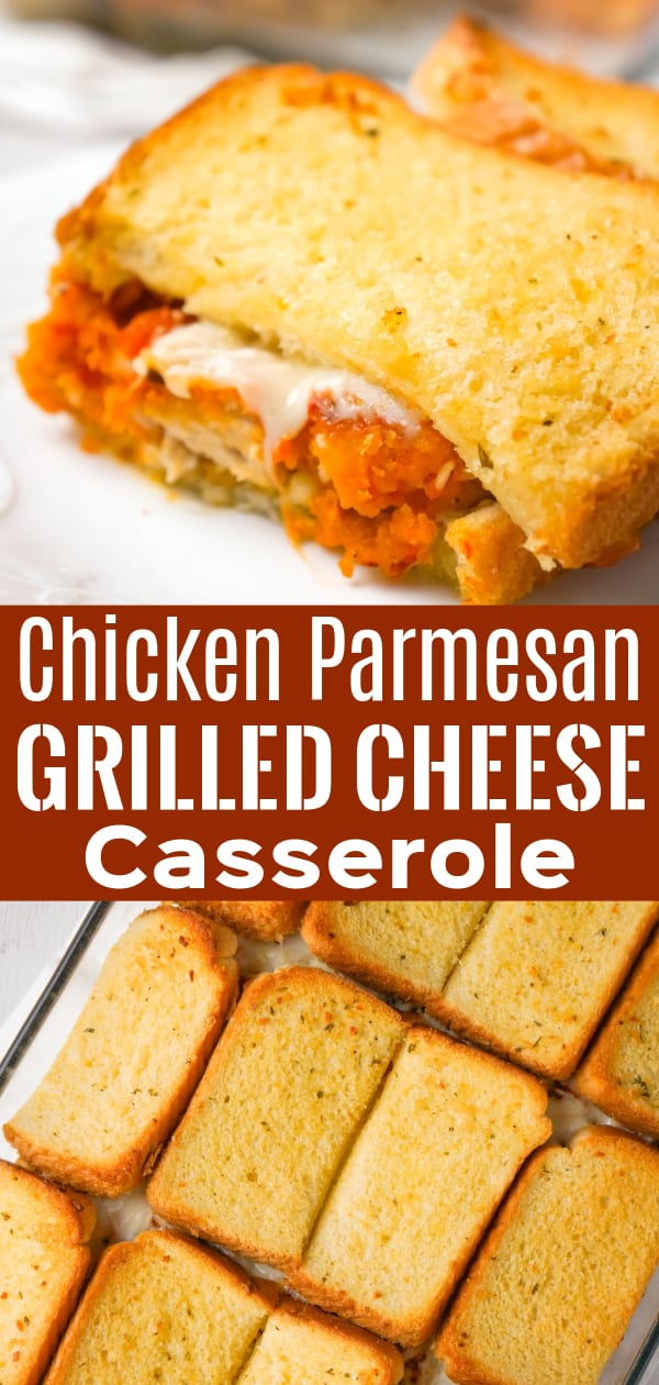 Chicken Parmesan Grilled Cheese Casserole is an easy dinner recipe with popcorn chicken, marinara sauce, mozzarella and Parmesan sandwiched between layers of garlic toast.