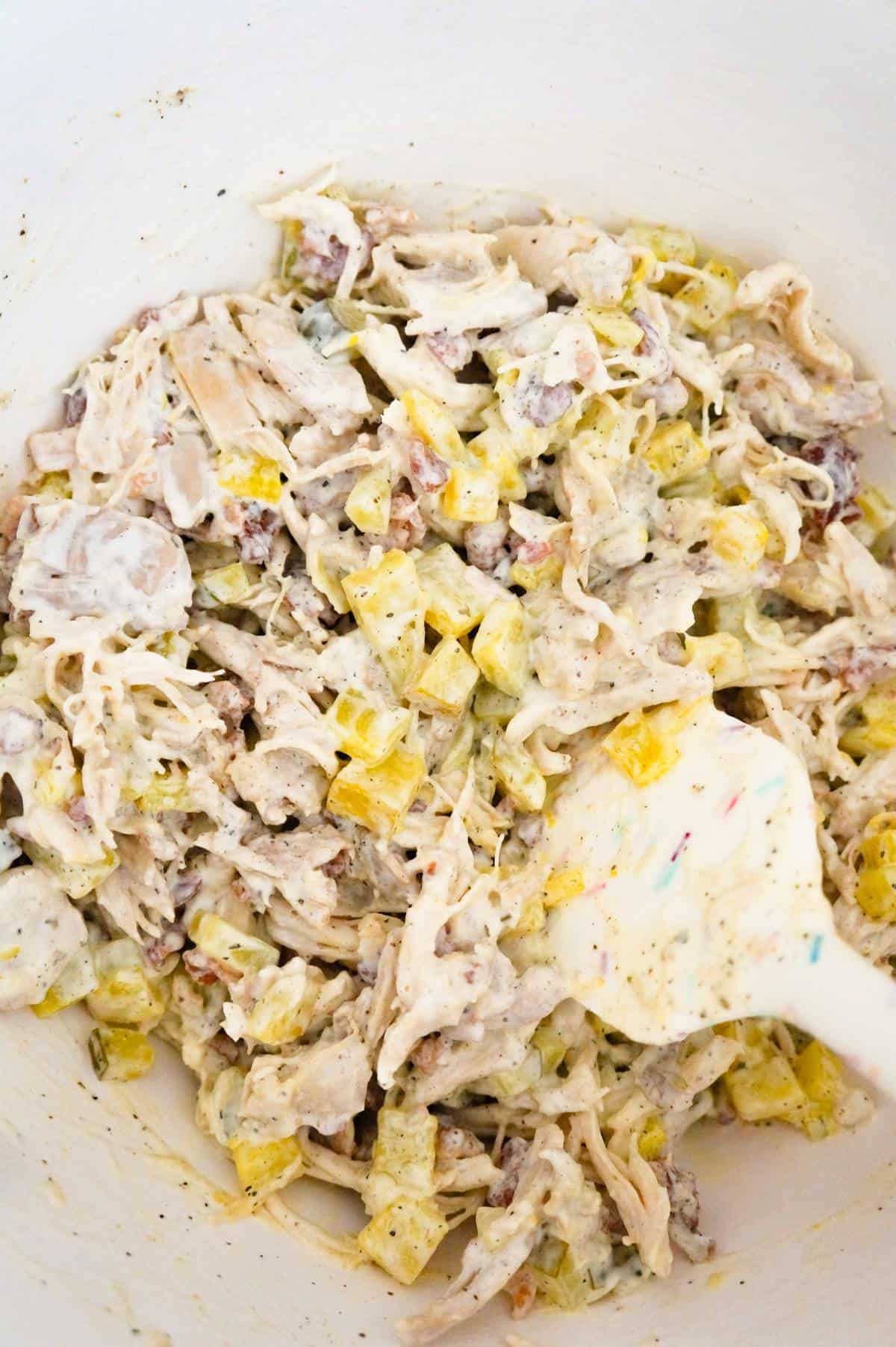 dill pickle chicken mixture in a mixing bowl