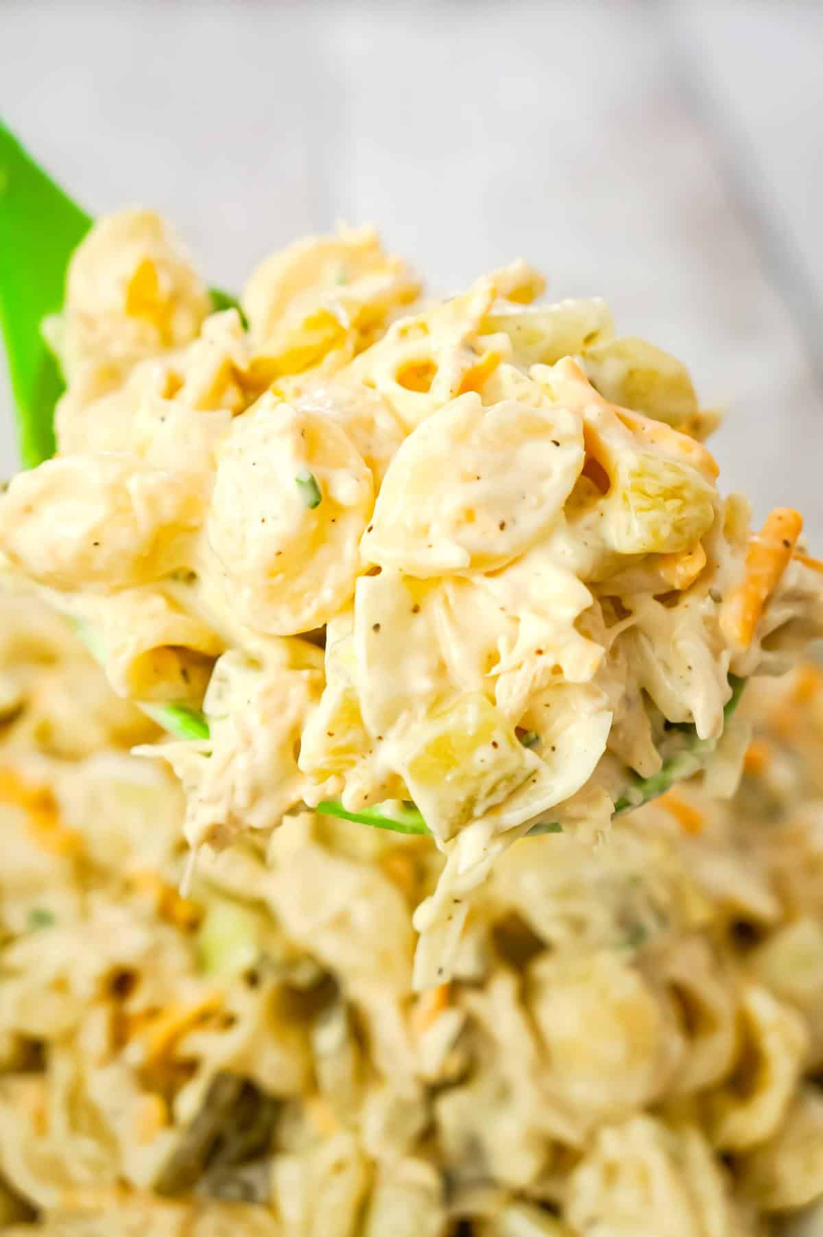 Dill Pickle Chicken Pasta Salad is a delicious cold side dish recipe loaded with shredded chicken, diced dill pickles, mayo, ranch dressing and shredded cheese.