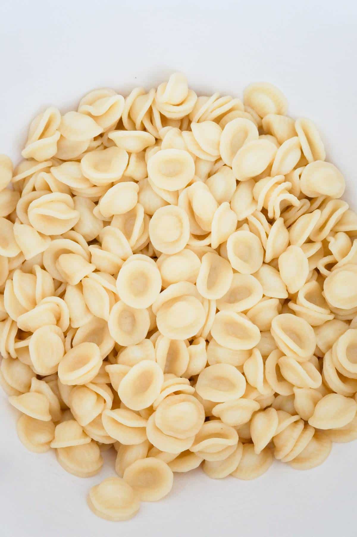 cooked orecchiette noodles in a mixing bowl
