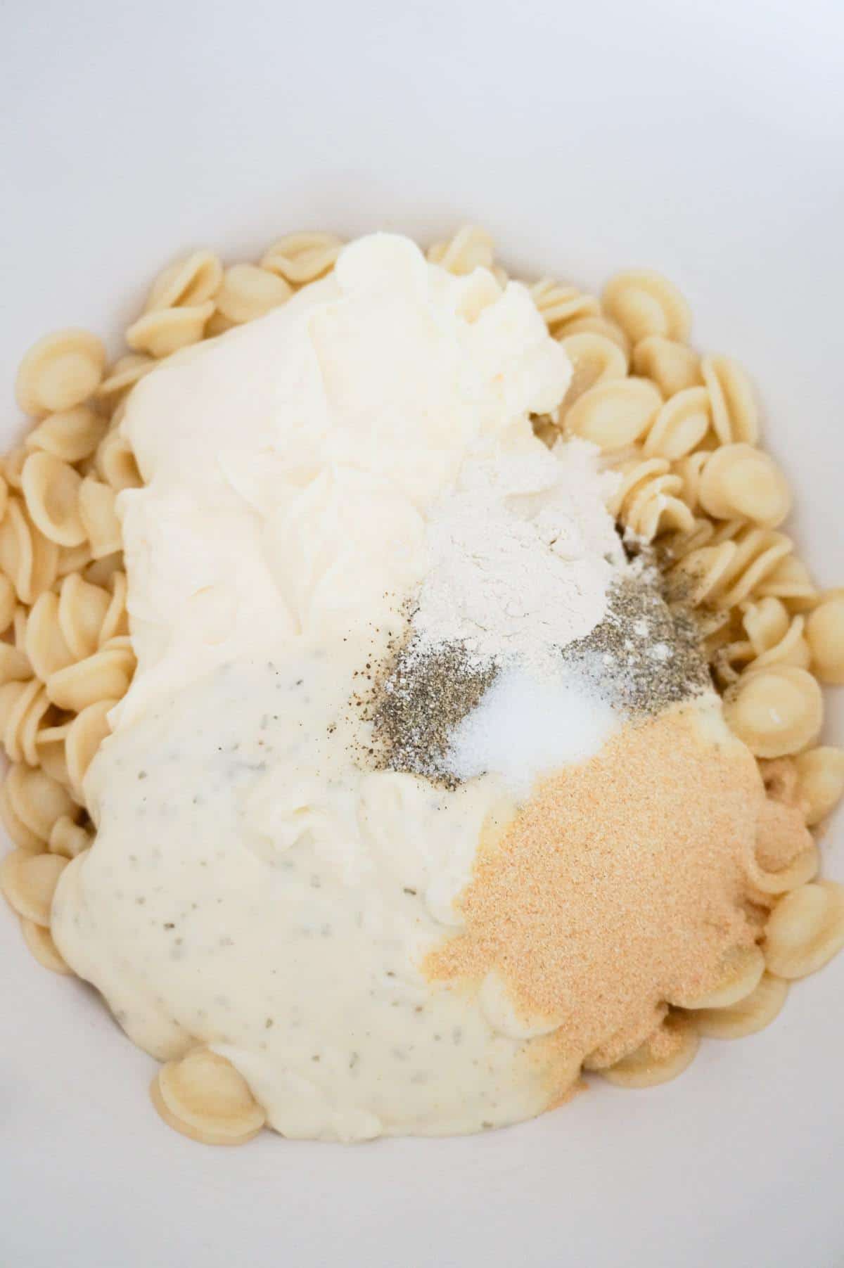 spices on top of mayo,ranch dressing and pasta in a mixing bowl
