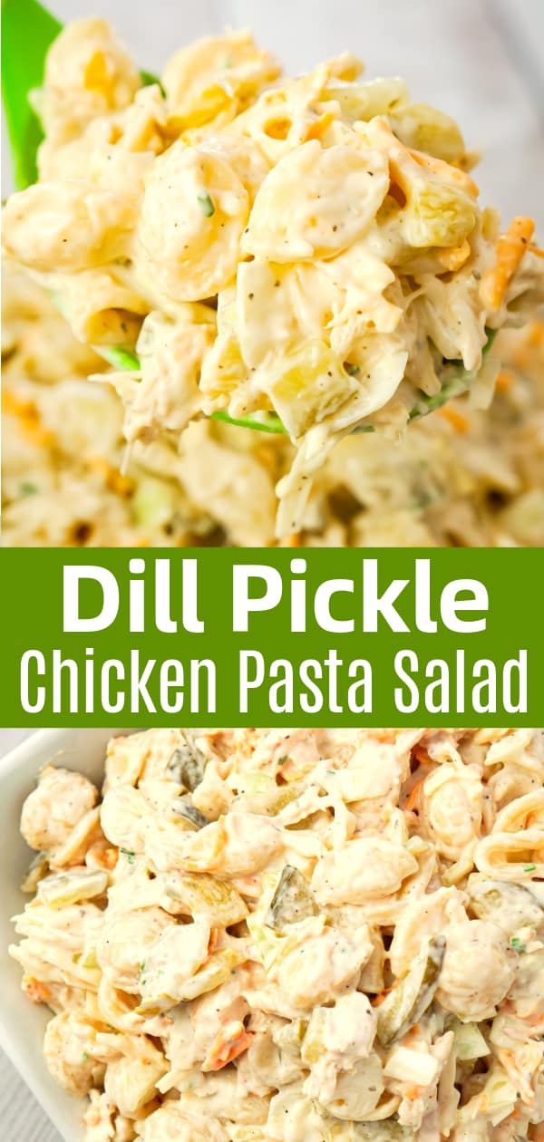 Dill Pickle Chicken Pasta Salad is a delicious cold side dish recipe loaded with shredded chicken, diced dill pickles, mayo, ranch dressing and shredded cheese.