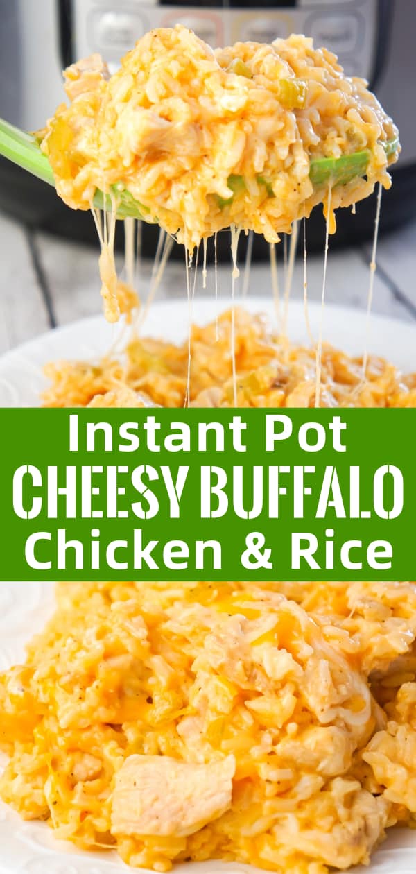 Instant Pot Cheesy Buffalo Chicken and Rice is an easy pressure cooker dinner recipe loaded with chicken breast chunks, long grain white rice, diced celery, buffalo sauce and shredded cheese.