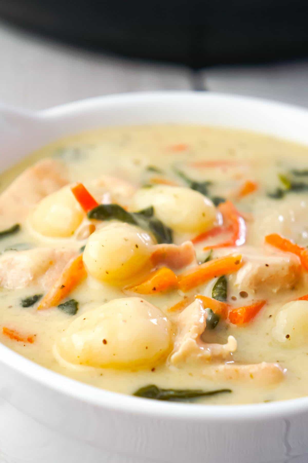 Instant Pot Chicken Gnocchi Soup is a hearty soup recipe loaded with chunks of chicken breast, potato gnocchi, carrots and shredded spinach.