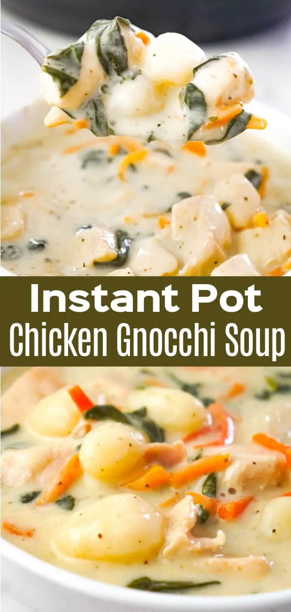 Instant Pot Chicken Gnocchi Soup is a hearty soup recipe loaded with chunks of chicken breast, potato gnocchi, carrots and shredded spinach.