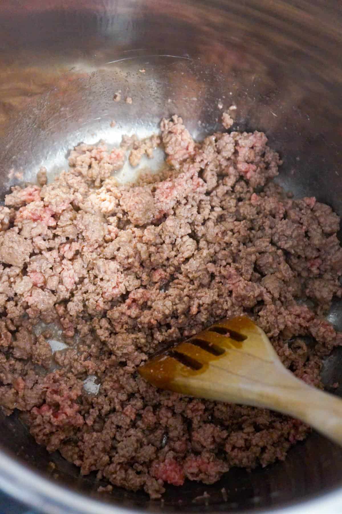 ground beef cooking in an Instant Pot