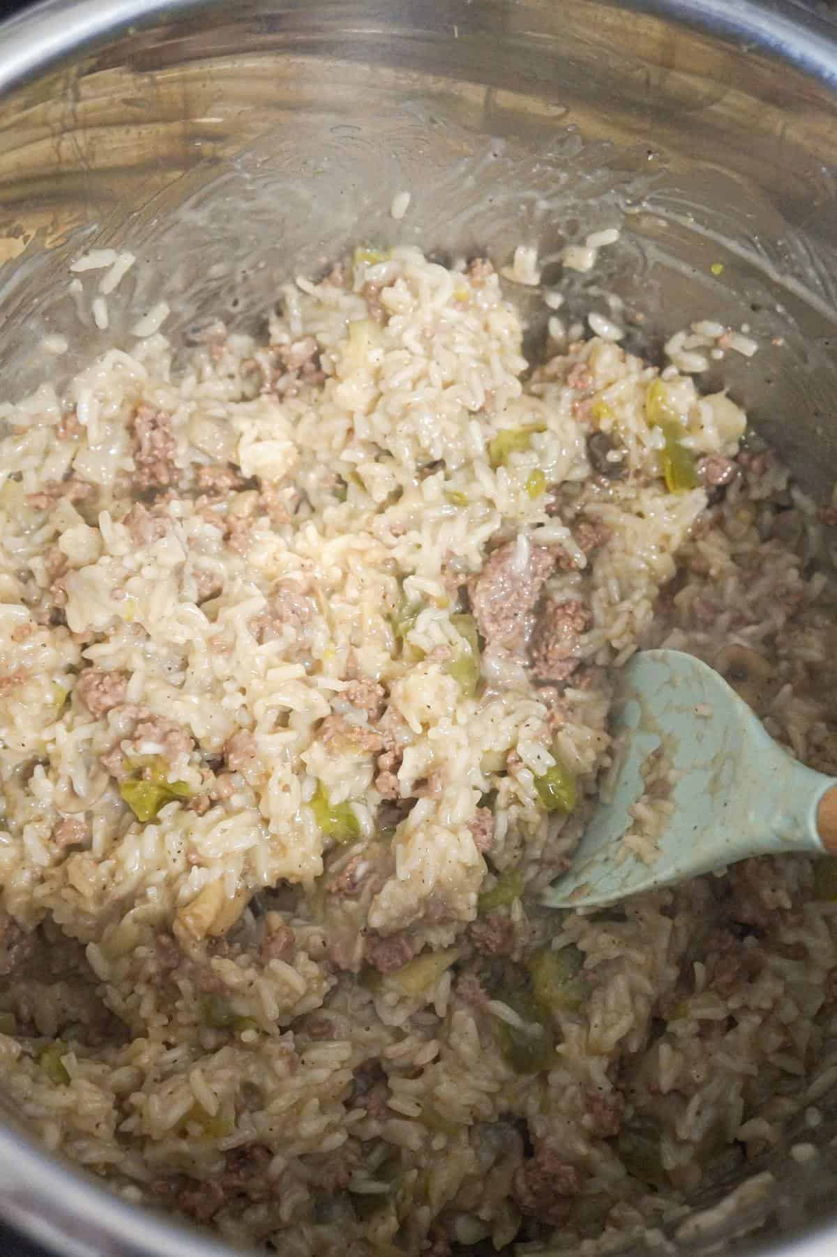 ground beef and rice mixture in an Instant Pot