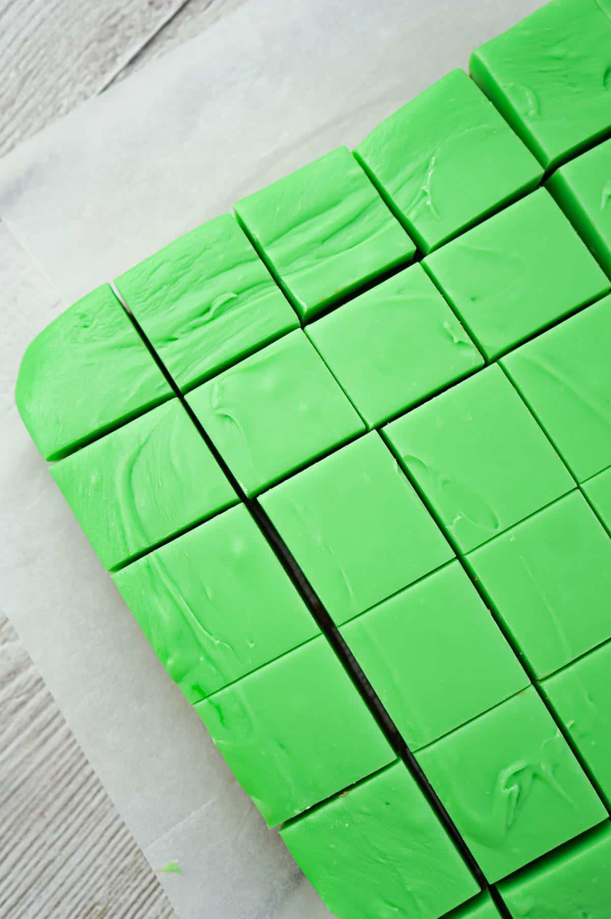 Mint Chocolate Fudge is an easy microwave fudge recipe using sweetened condensed milk, milk chocolate chips, white chocolate chips, green food colouring and mint extract.