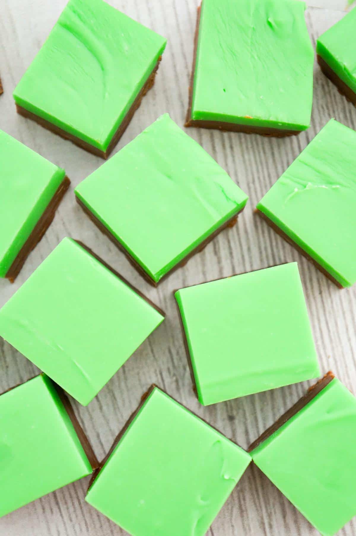 Mint Chocolate Fudge is an easy microwave fudge recipe using sweetened condensed milk, milk chocolate chips, white chocolate chips, green food colouring and mint extract.