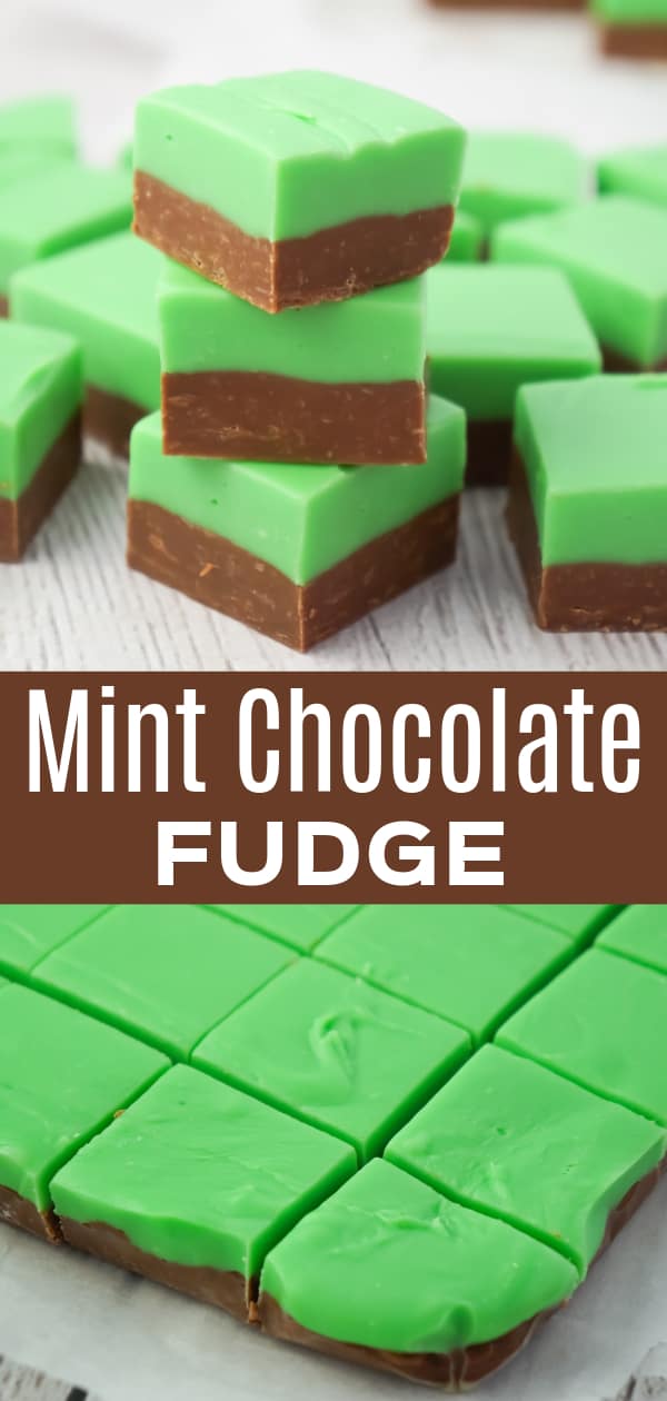 Mint Chocolate Fudge is an easy microwave fudge recipe using sweetened condensed milk, milk chocolate chips, white chocolate chips, green food colouring and mint extract.