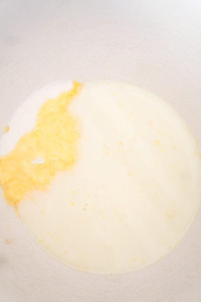 milk and vanilla instant pudding mix in a mixing bowl