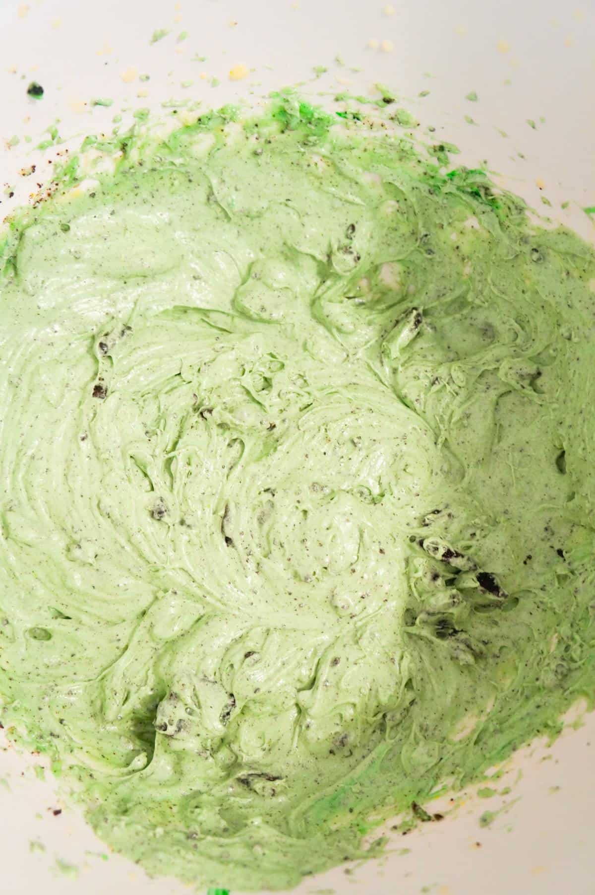 mint oreo pudding mixture in a mixing bowl
