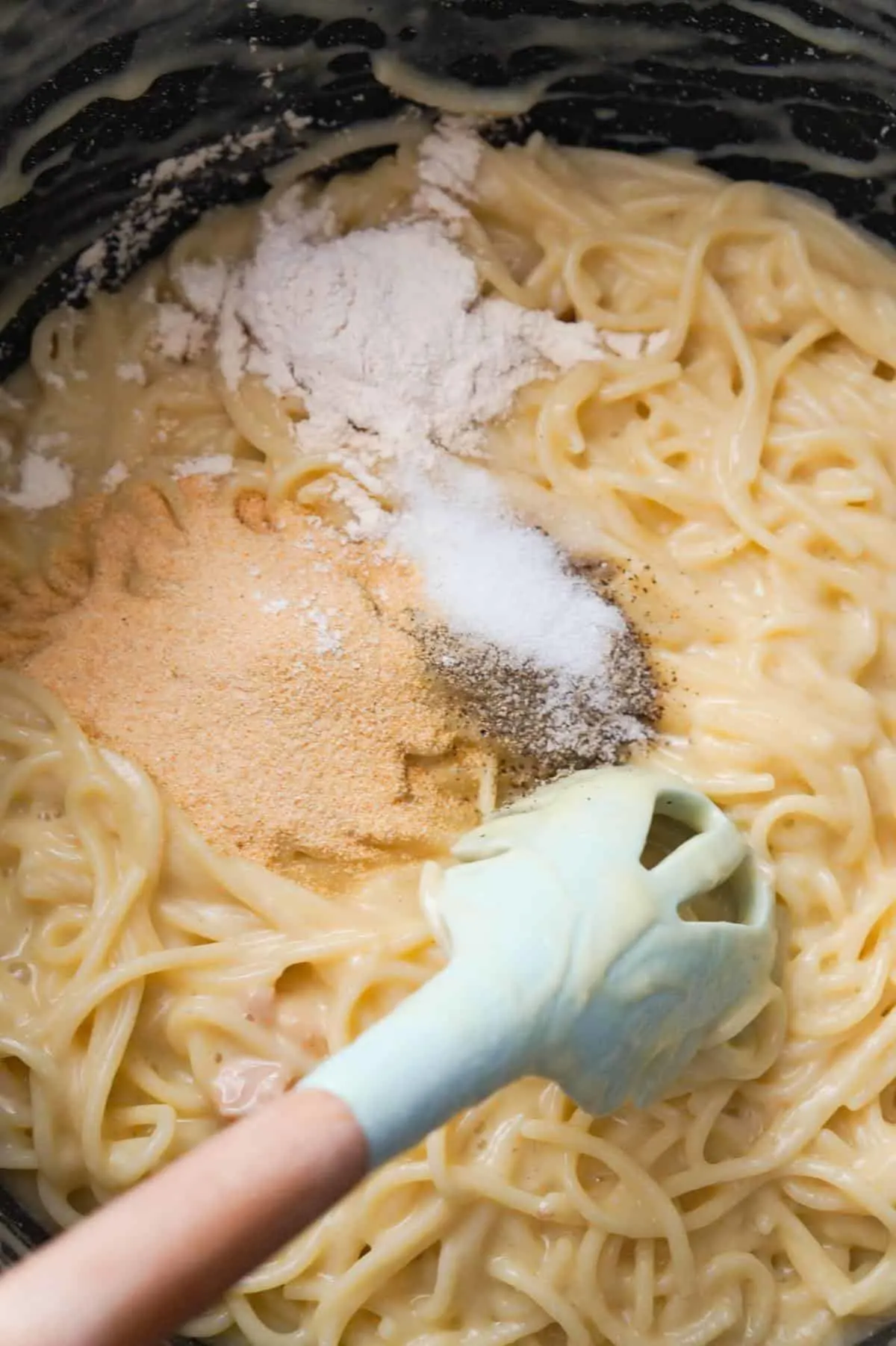 garlic powder, onion powder, salt and pepper on top of chicken spaghetti in a pot