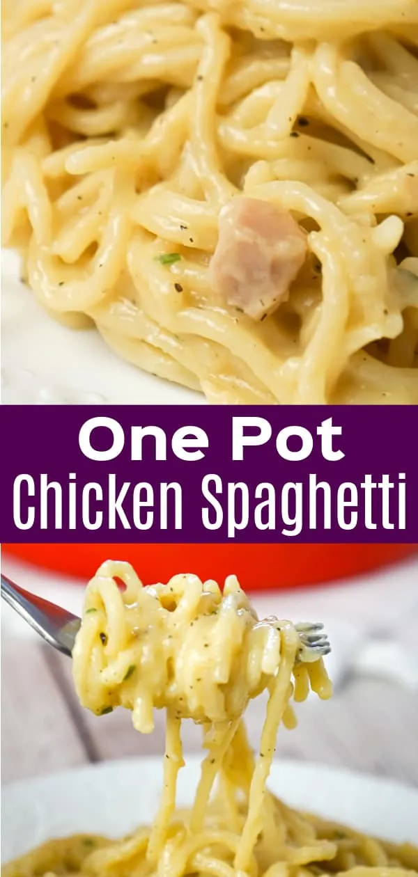 One Pot Chicken Spaghetti is an easy dinner recipe using just spaghetti noodles, condensed cream of chicken soup and spices.