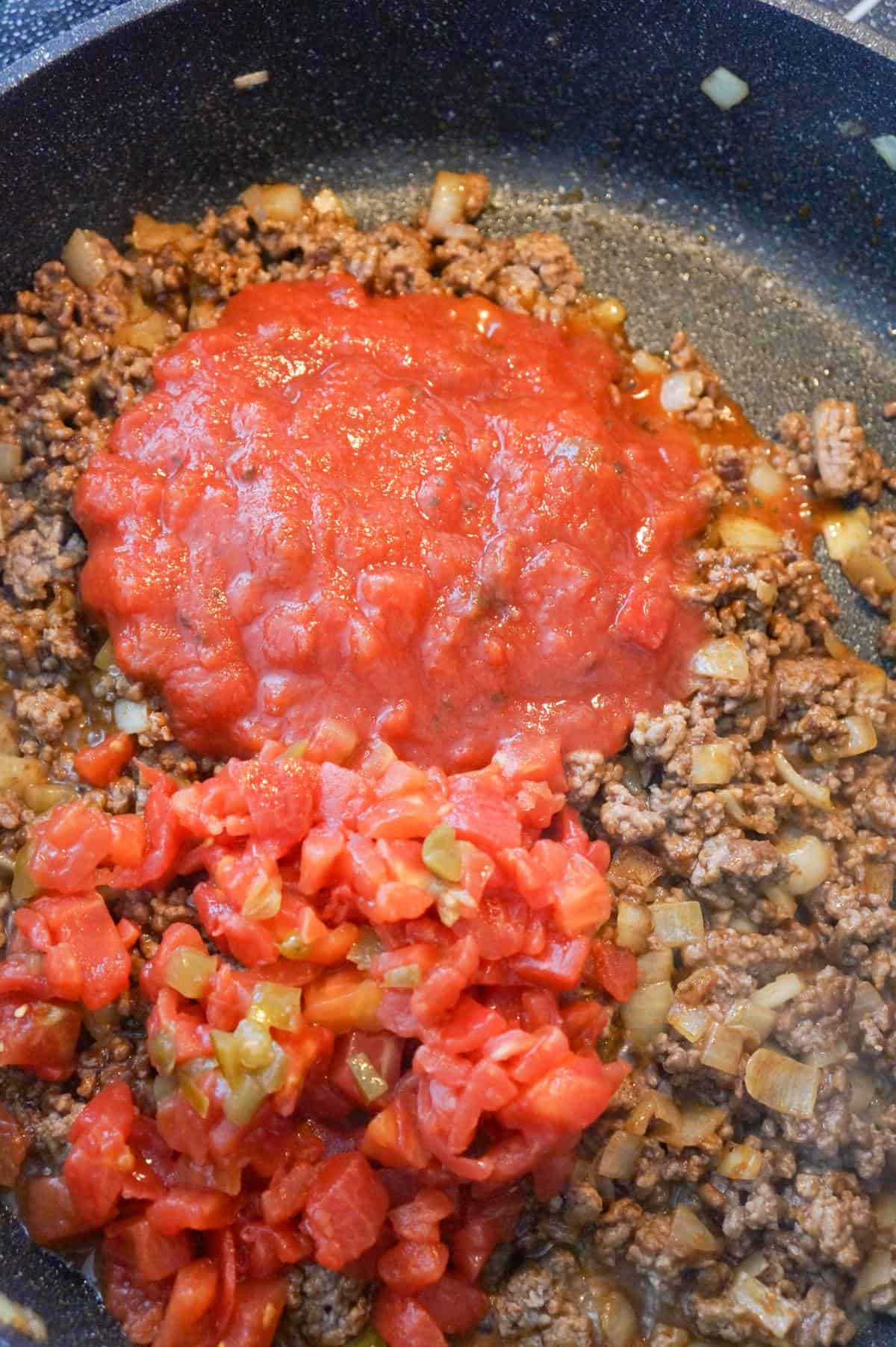 salsa and rotel on top of ground beef in a saute pan