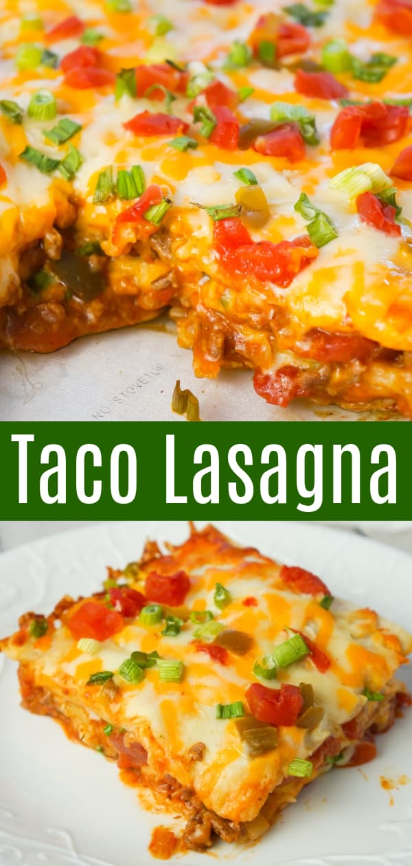 Taco Lasagna is an easy casserole recipe with layers of soft tortillas, shredded cheese, ground beef and salsa.