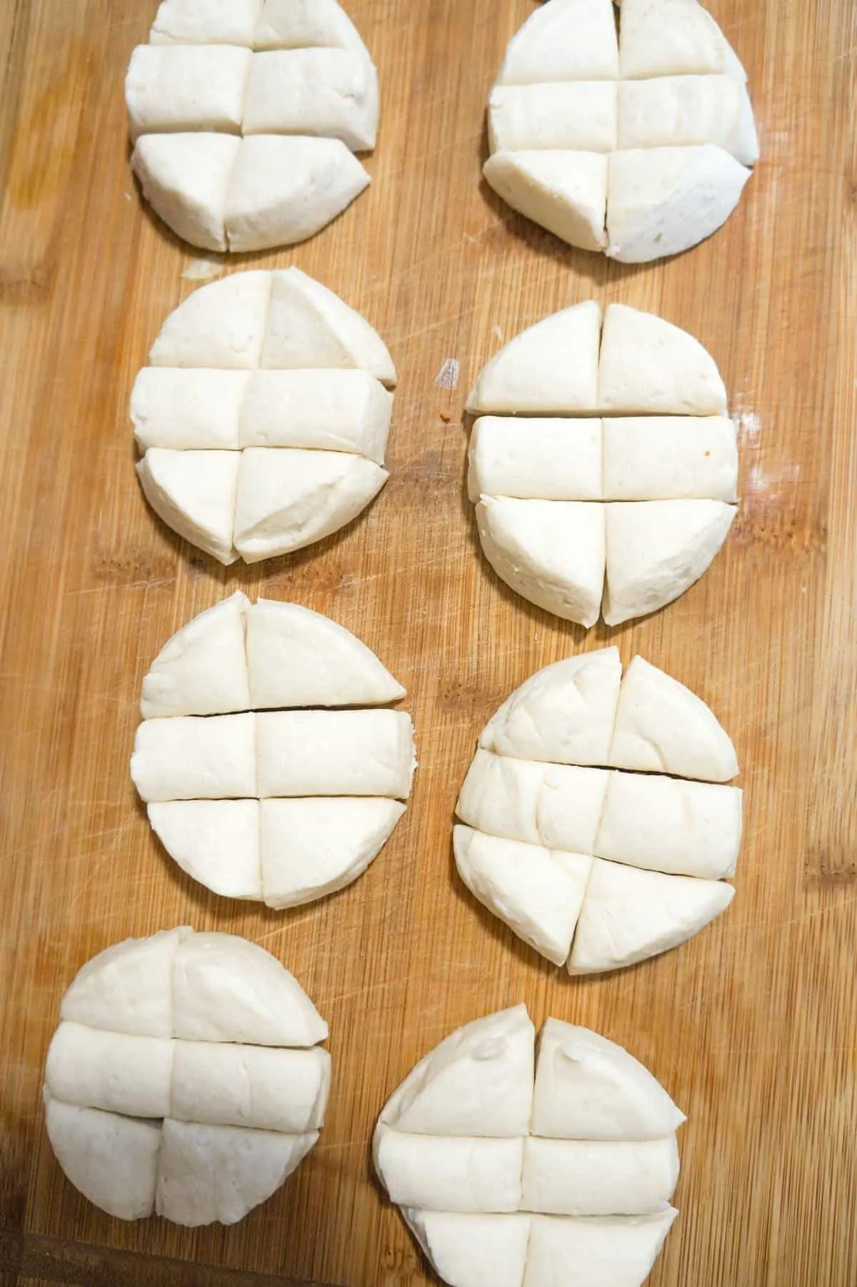 Pillsbury biscuits cut into six pieces each