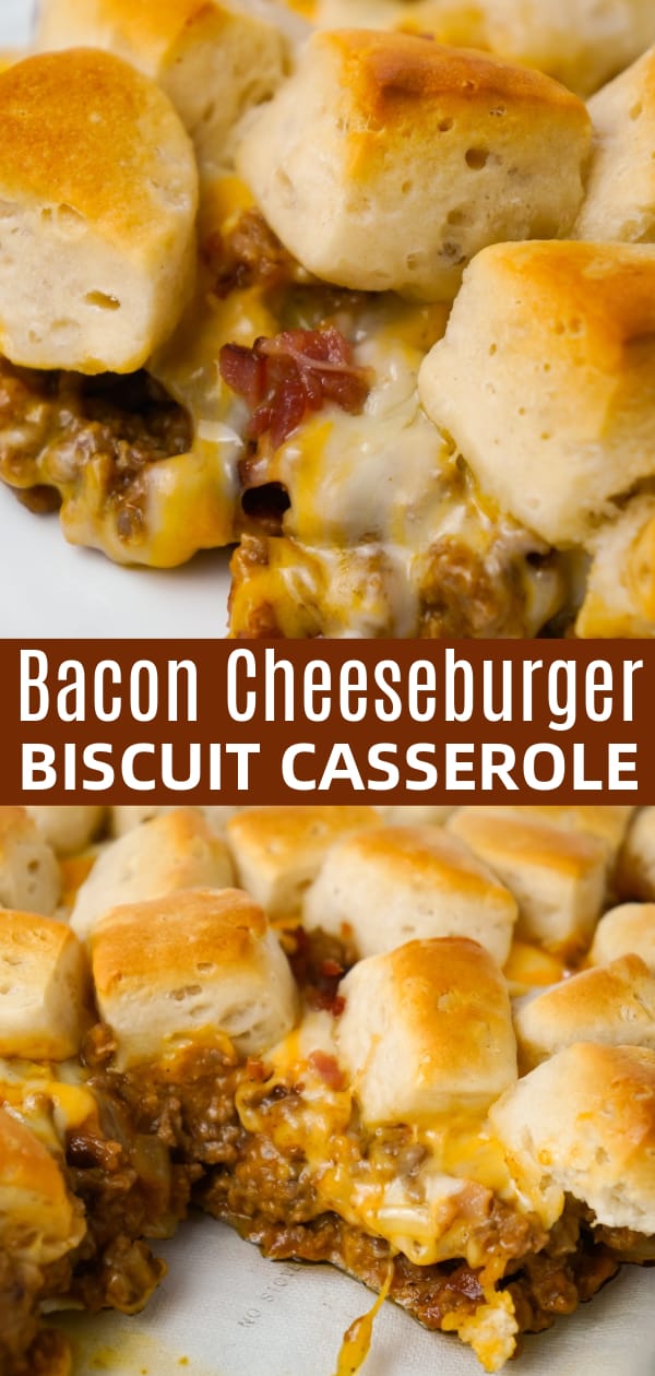 Bacon Cheeseburger Biscuit Casserole is an easy ground beef dinner recipe loaded with diced onions, condensed cheddar cheese soup, ketchup, mustard, crumbled bacon and shredded cheese all topped with pieces of Pillsbury biscuits.