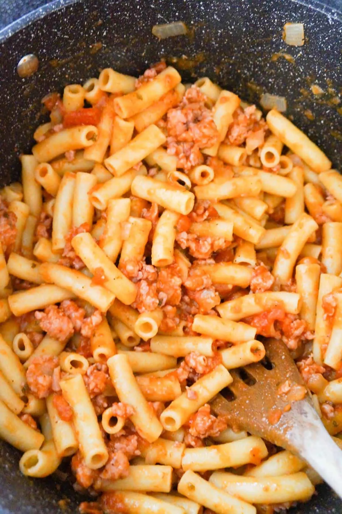 ziti with ground sausage meat in a large pot