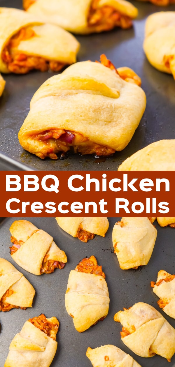BBQ Chicken Crescent Rolls are an easy weeknight dinner recipe using shredded rotisserie chicken, diced red onions, Sweet Baby Ray's Barbecue sauce, shredded cheese and Pillsbury crescent rolls.