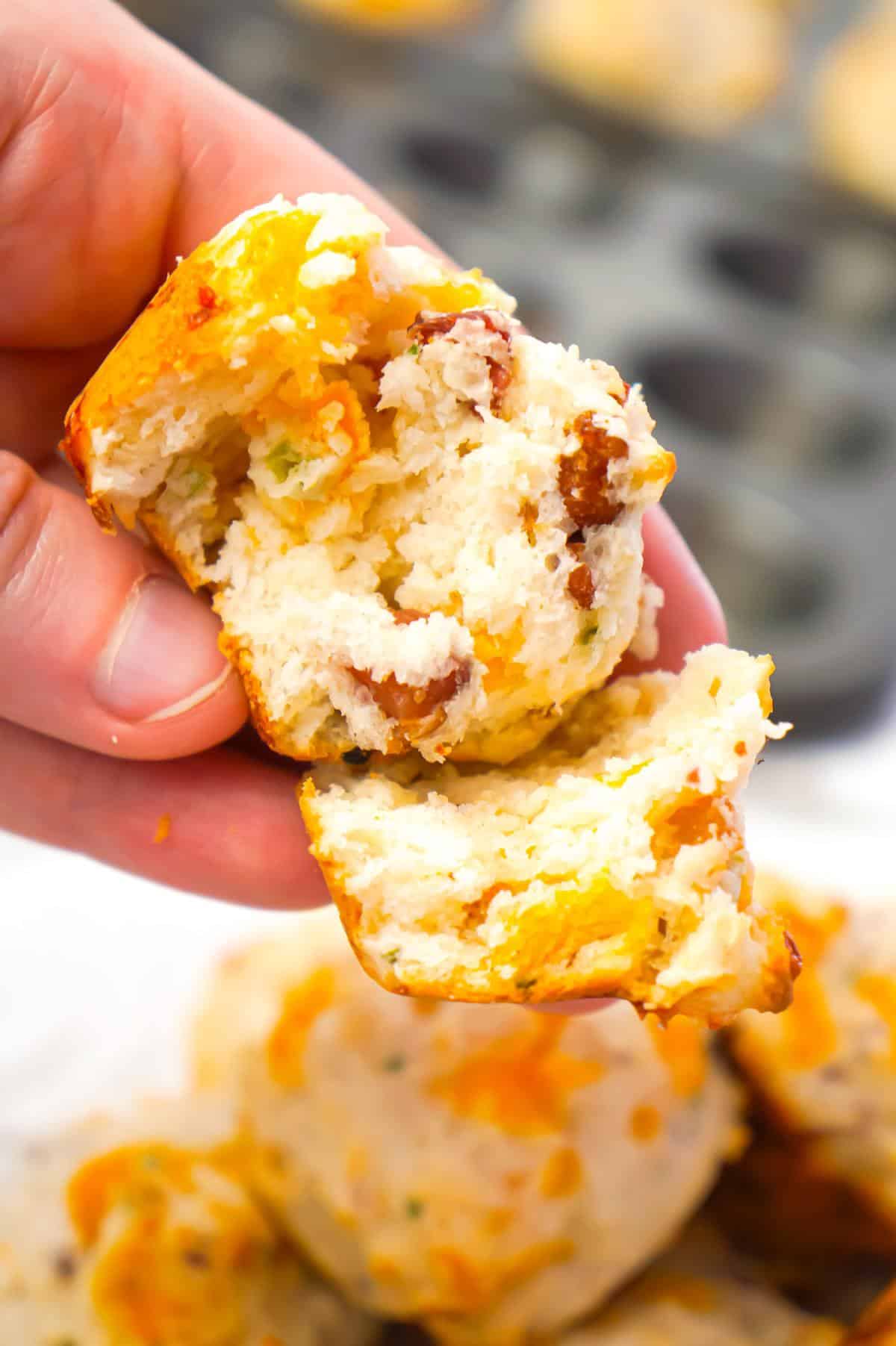 Cheddar Bacon Biscuit Bites are tasty little biscuits made with Bisquick, cheddar cheese and crumbled bacon and baked in mini muffin tins.