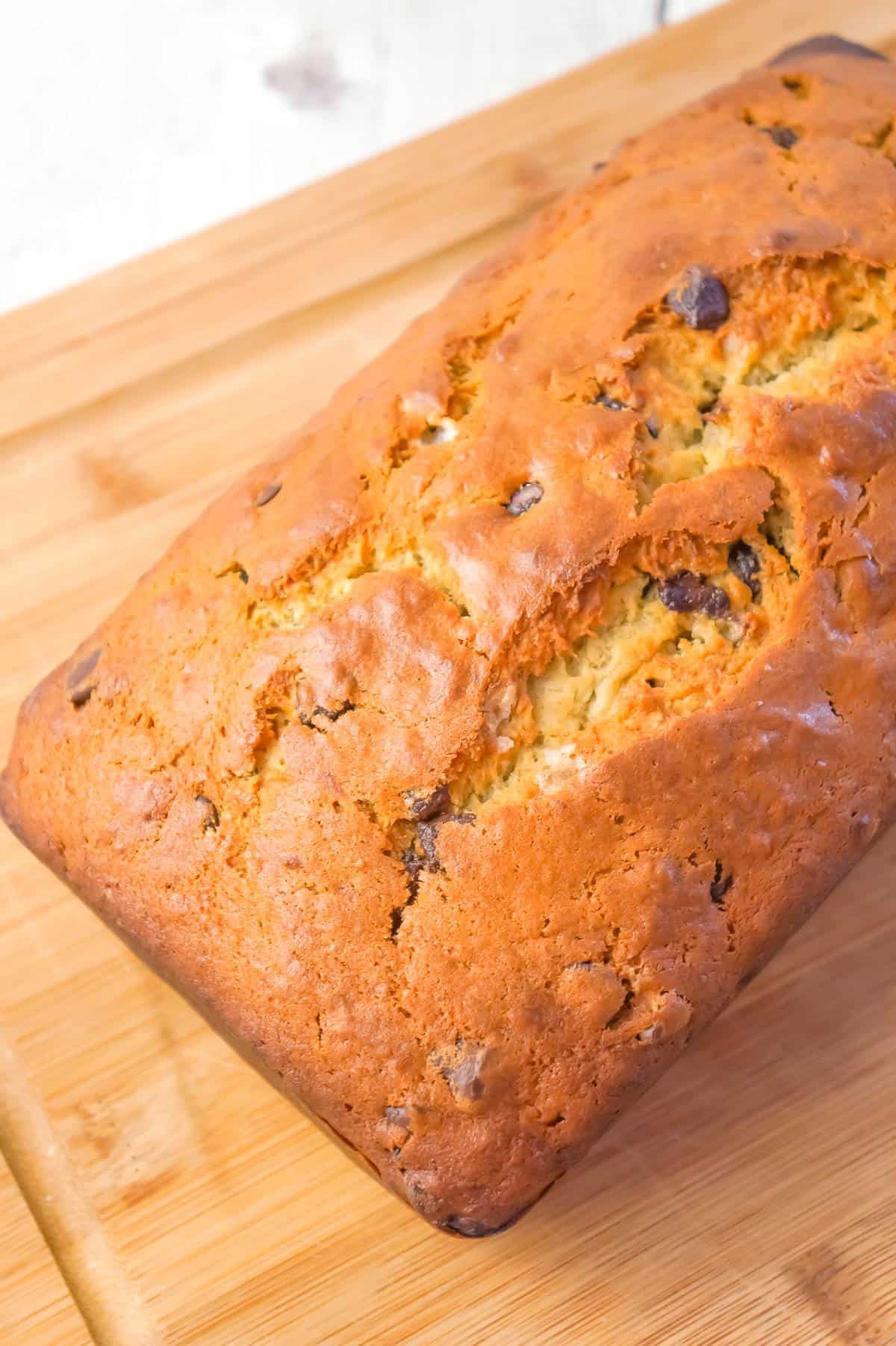 Chocolate Chip Banana Bread is a tasty treat made with ripe bananas and loaded with semi-sweet chocolate chips.