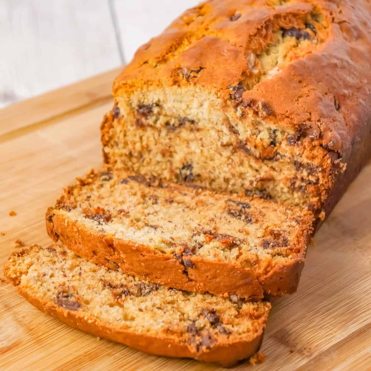 Chocolate Chip Banana Bread is a tasty treat made with ripe bananas and loaded with semi-sweet chocolate chips.