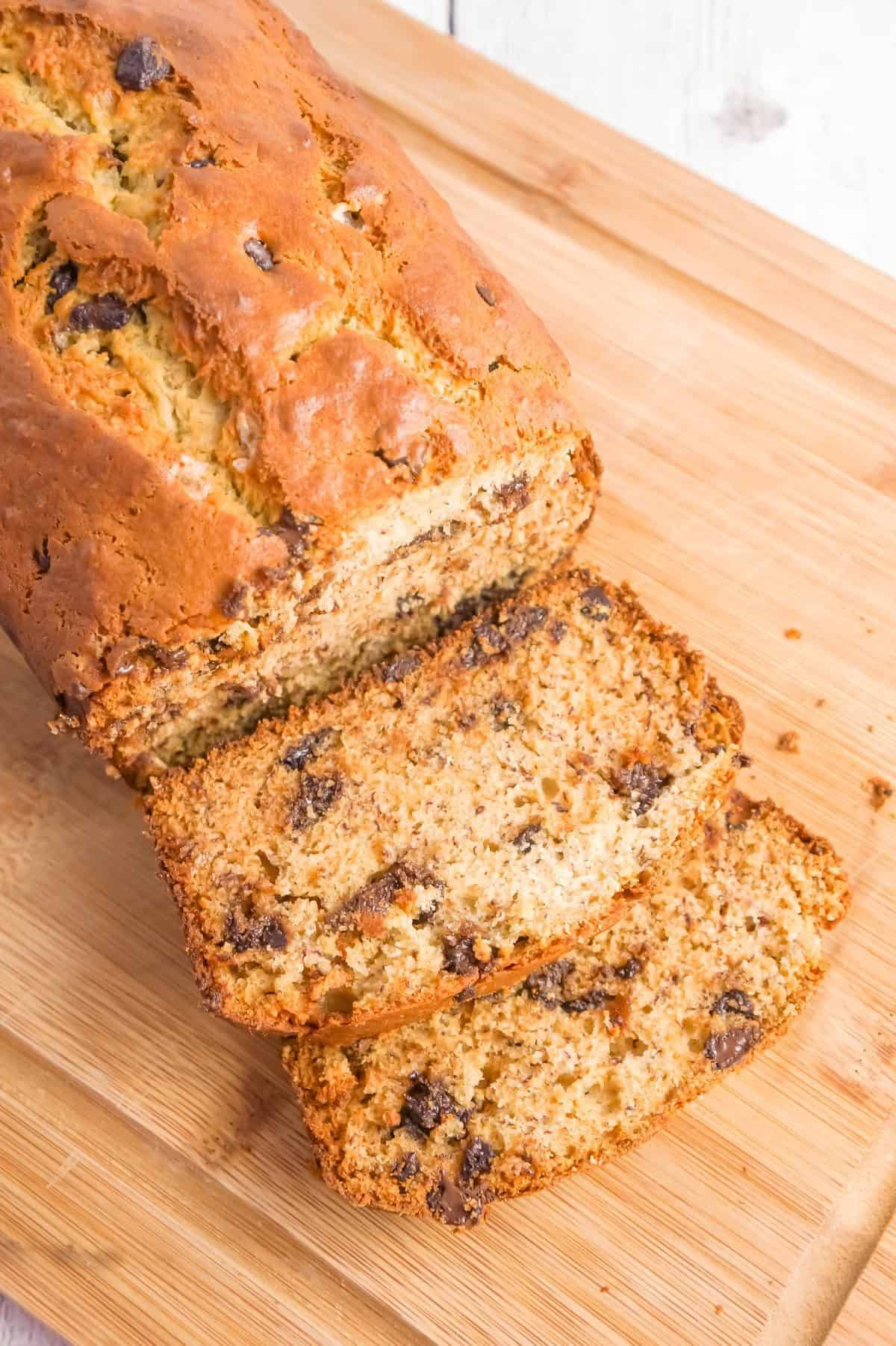 Chocolate Chip Banana Bread is a tasty treat made with ripe bananas and loaded with semi-sweet chocolate chips.