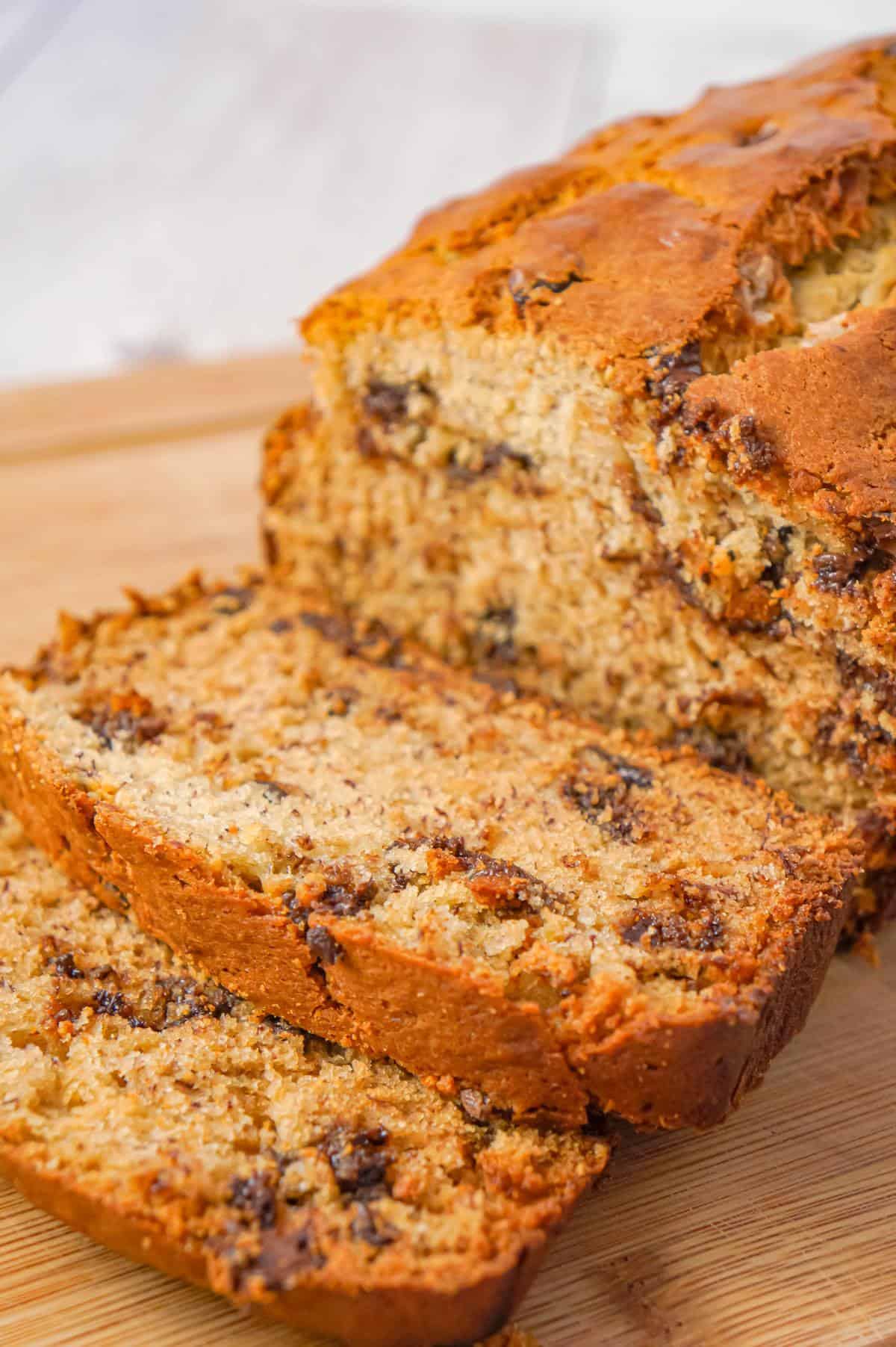 Chocolate Chip Banana Bread is a tasty treat made with ripe bananas and loaded with semi-sweet chocolate chips.