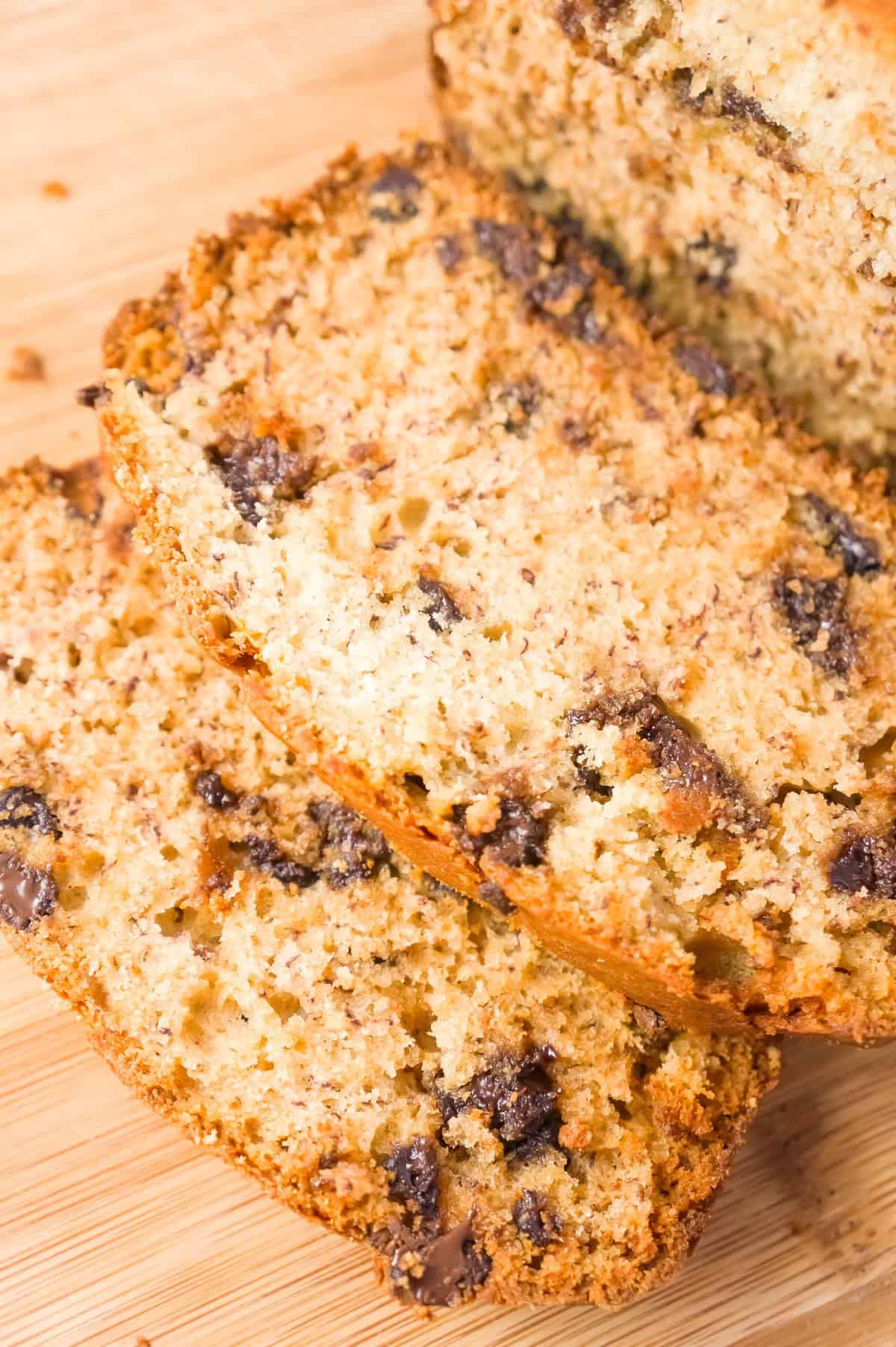 Chocolate Chip Banana Bread is a tasty treat made with ripe bananas and loaded with semi-sweet chocolate chips.