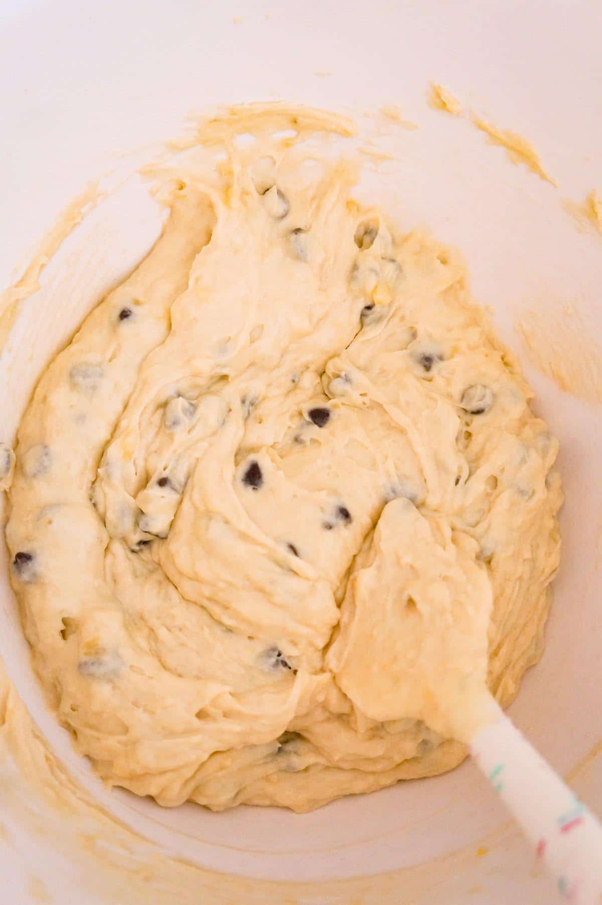 chocolate chip banana bread batter in a mixing bowl