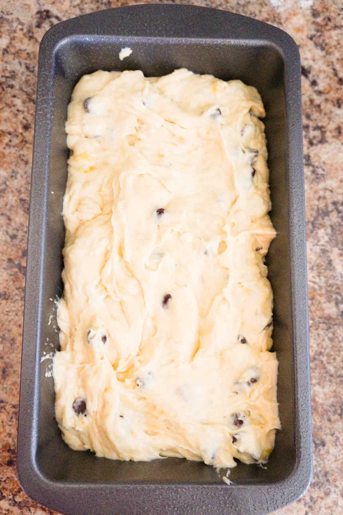 chocolate chip banana bread batter in a loaf pan
