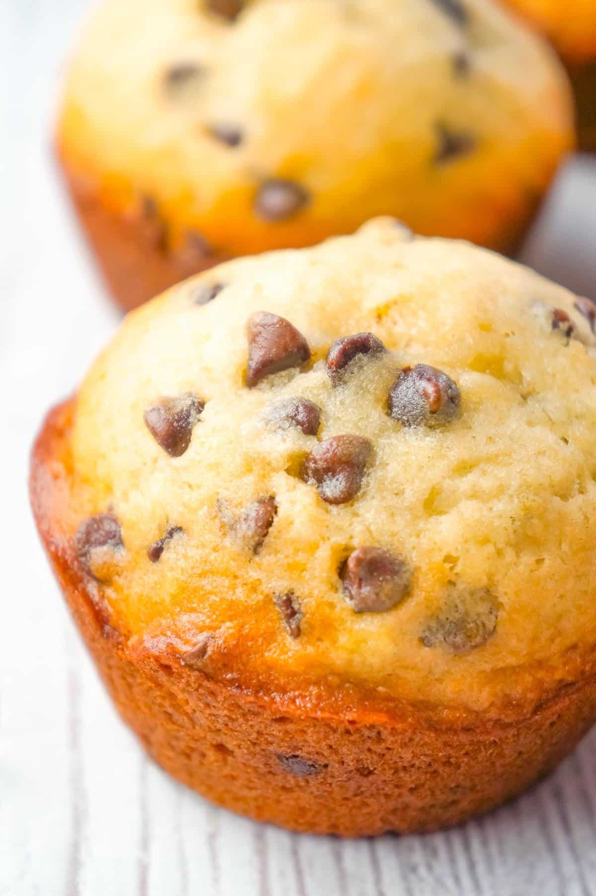 Chocolate Chip Banana Muffins are an easy breakfast or snack recipe made from ripe bananas and loaded with mini semi sweet chocolate chips.