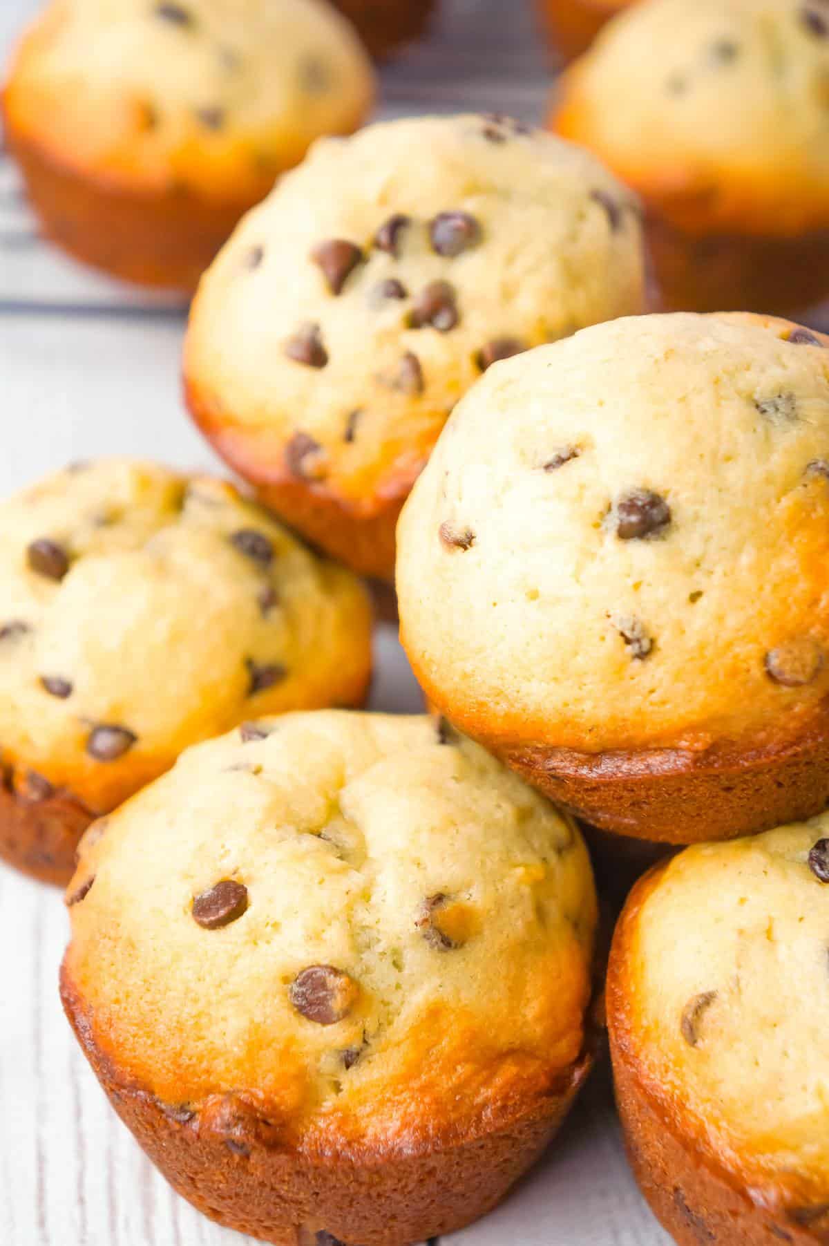 Chocolate Chip Banana Muffins are an easy breakfast or snack recipe made from ripe bananas and loaded with mini semi sweet chocolate chips.