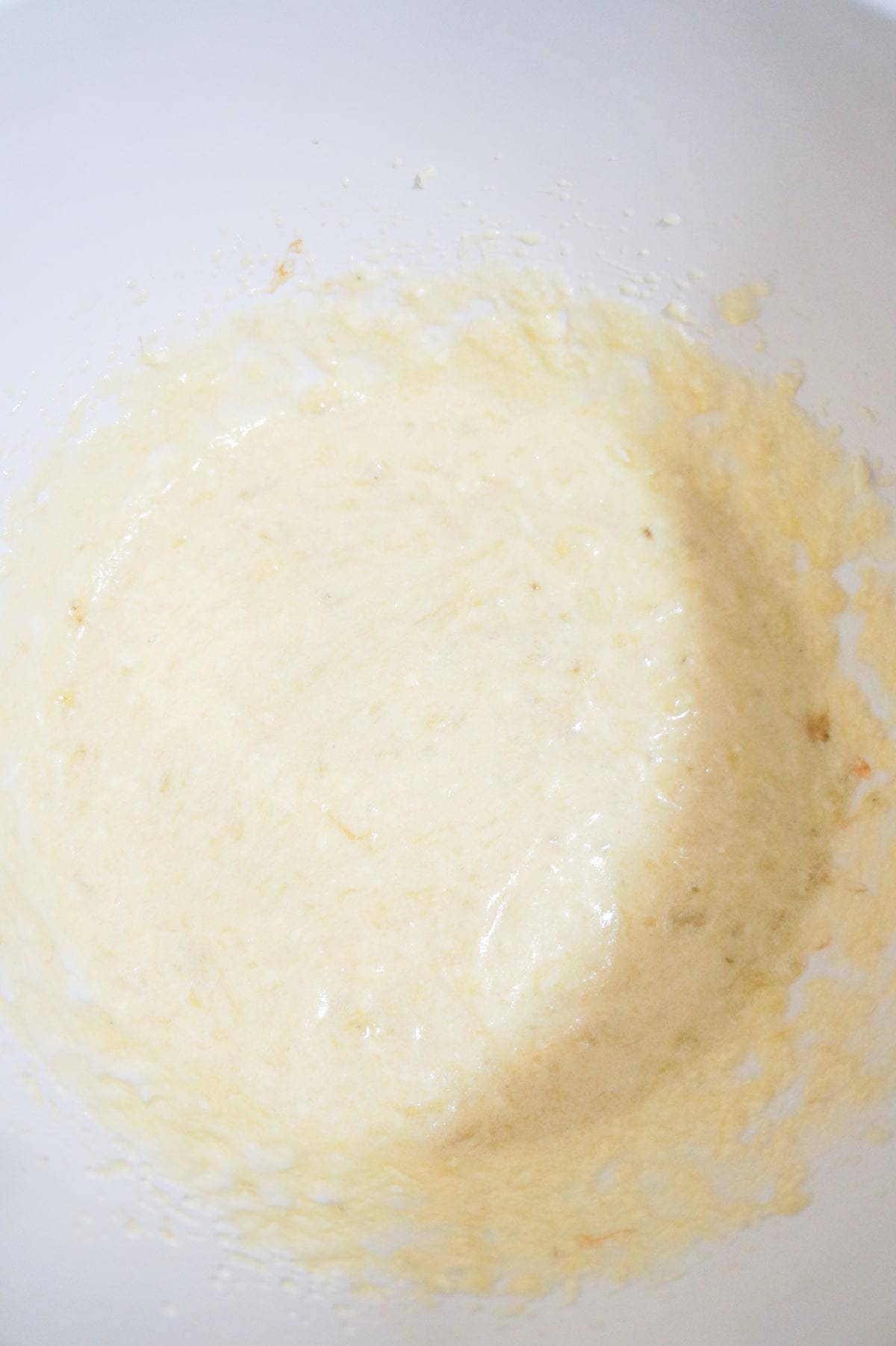 creamy banana mixture in a mixing bowl