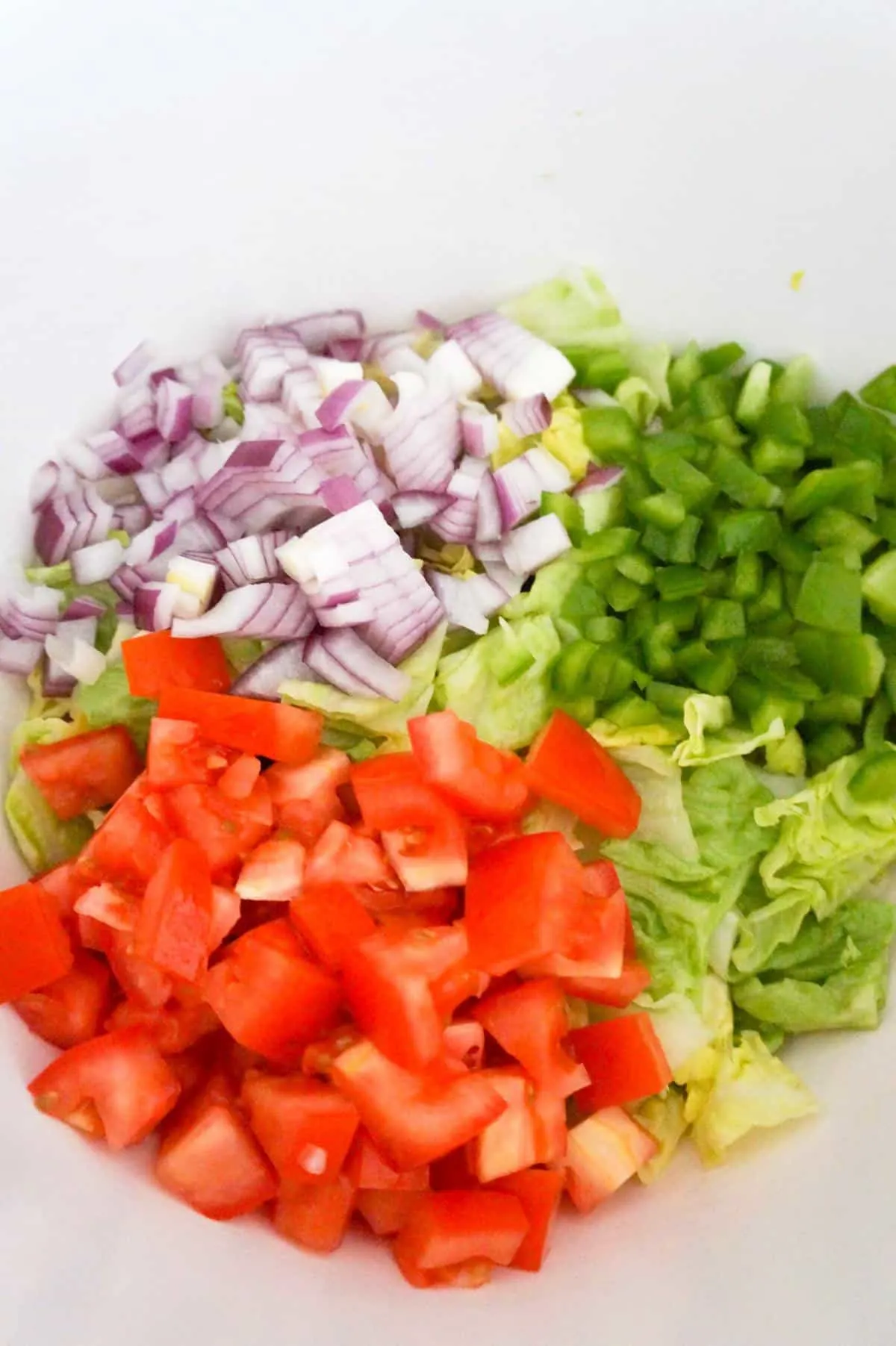 diced red onions, diced green peppers and diced tomatoes on top of lettuc