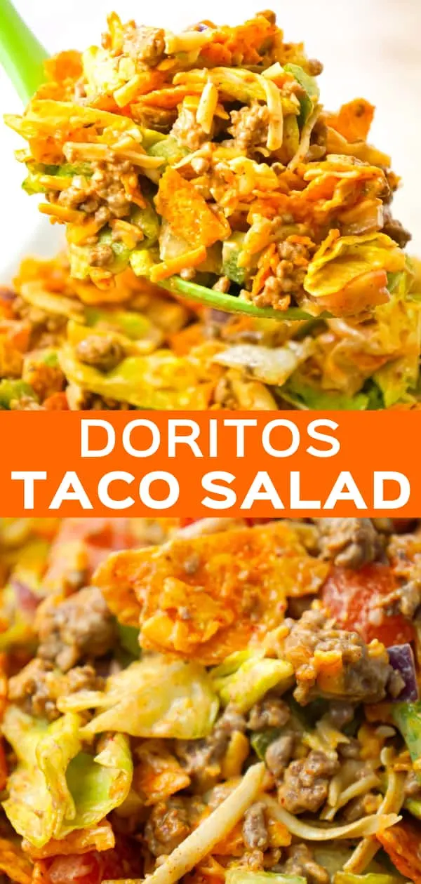 Doritos Taco Salad is a delicious salad loaded with iceberg lettuce, red onions, green peppers, tomatoes, shredded cheese, ground beef and crumbled Doritos all tossed in salsa and ranch dressing.