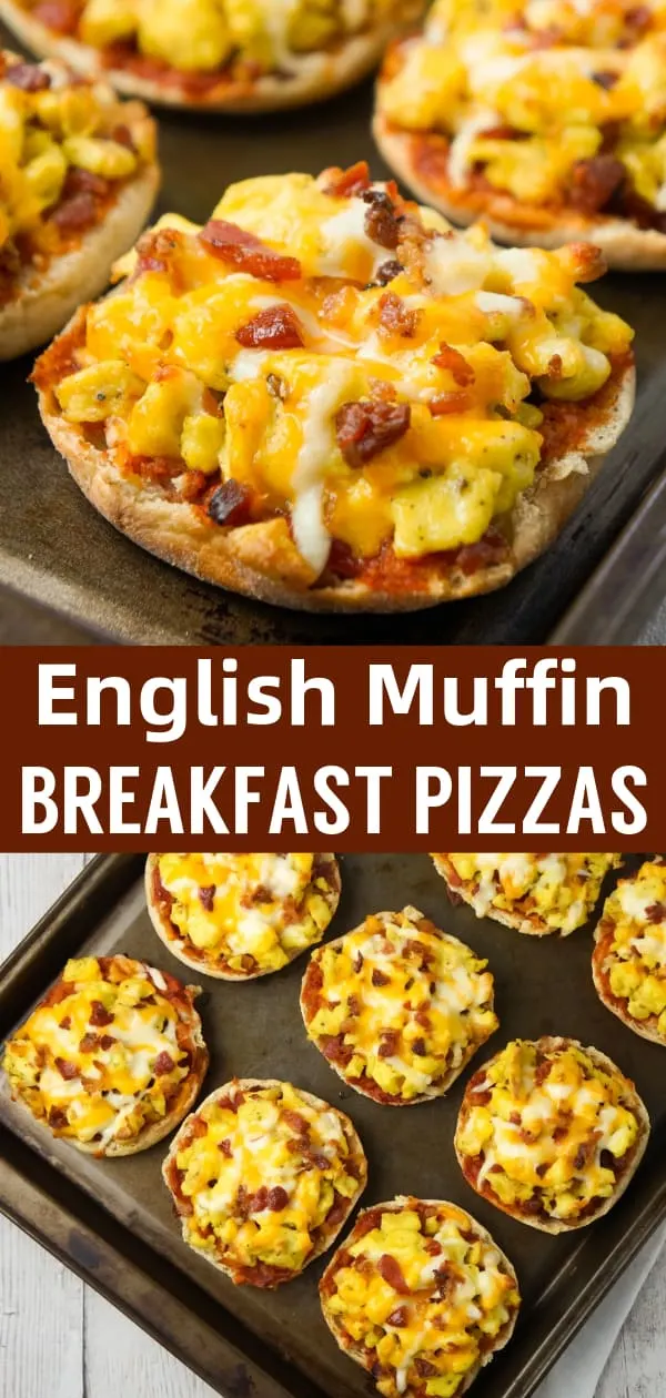 English Muffin Breakfast Pizzas are an easy breakfast or brunch recipe using English muffins and topped with Heinz chili sauce, scrambled eggs, crumbled bacon and shredded cheese.