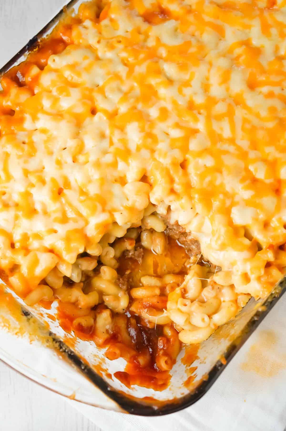 Mac and Cheese Meatloaf Casserole is a hearty dinner recipe with a ground beef meatloaf base with macaroni and cheese baked on top.