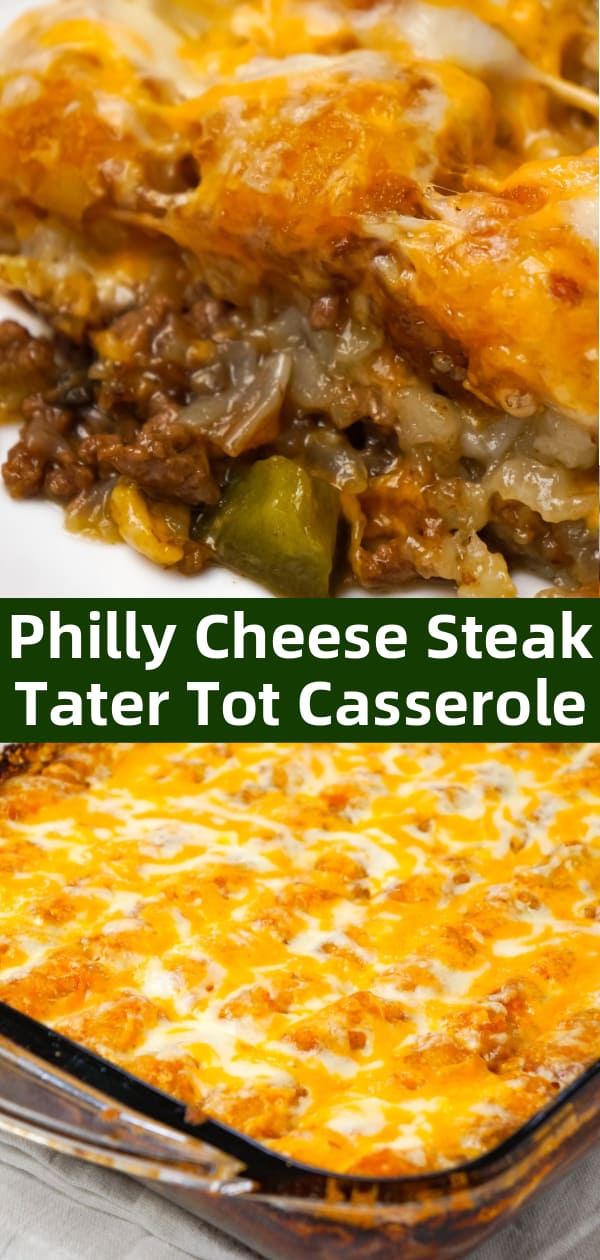 Philly Cheese Steak Tater Tot Casserole is a hearty dinner recipe with a base of ground beef, diced onion, diced green peppers and sliced mushrooms tossed in brown gravy and topped with shredded cheese and tater tots.