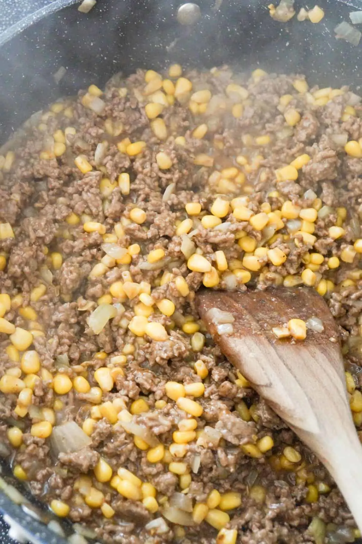 ground beef and corn mixture in a saute pan