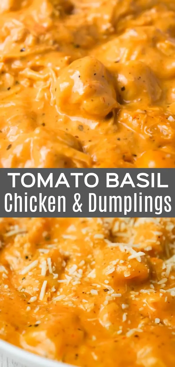 Tomato Basil Chicken and Dumplings are an easy weeknight dinner recipe using tomato basil pasta sauce, cream of chicken soup, heavy cream, basil pesto, shredded chicken and Pillsbury biscuits.