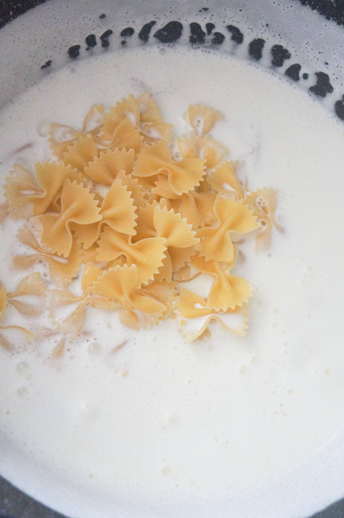 uncooked bow tie noodles and heavy cream in a large pot