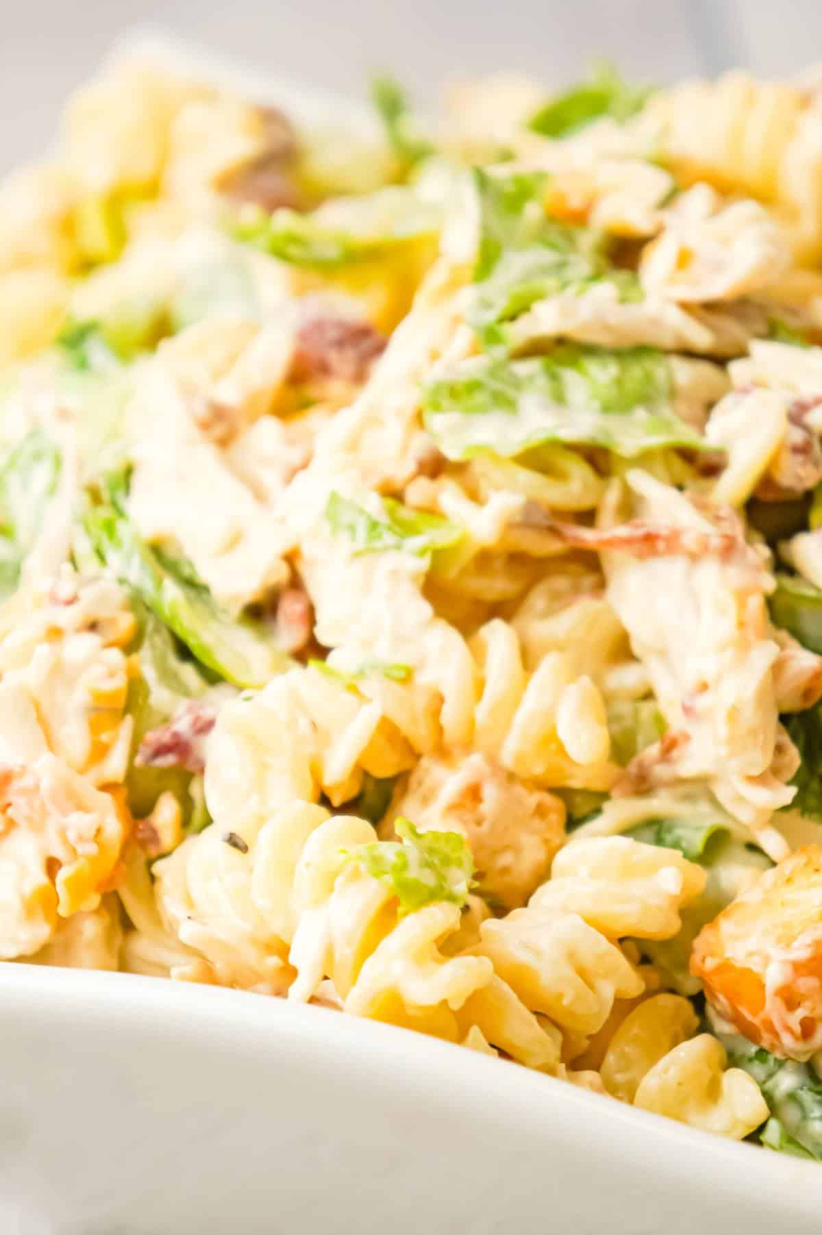 Chicken Caesar Pasta Salad is a tasty side cold dish recipe loaded with chopped romaine, shredded chicken, crumbled bacon, croutons, shredded mozzarella, cheddar and Parmesan cheese all tossed in a creamy garlic Parmesan dressing.