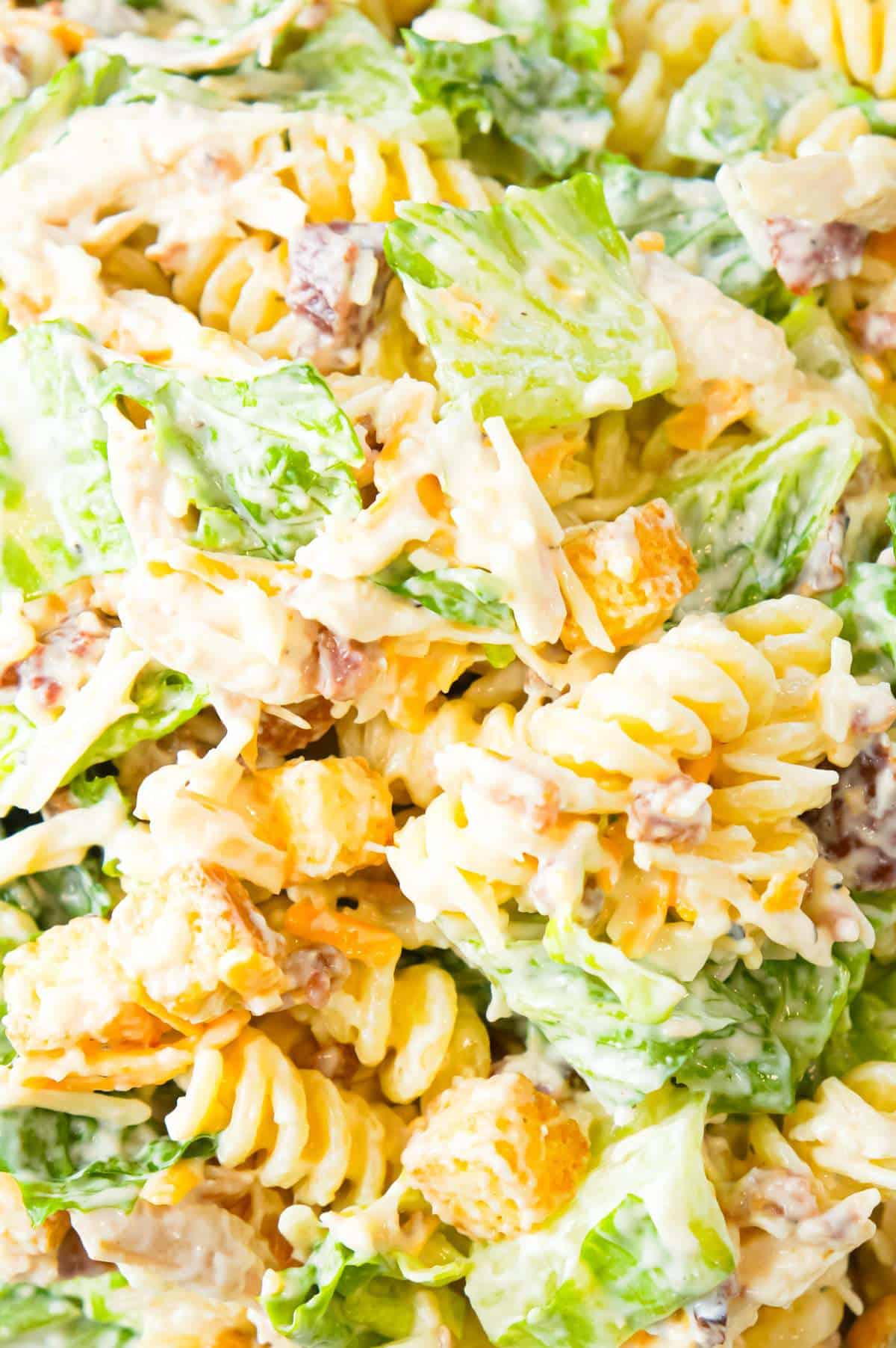 Chicken Caesar Pasta Salad is a tasty side cold dish recipe loaded with chopped romaine, shredded chicken, crumbled bacon, croutons, shredded mozzarella, cheddar and Parmesan cheese all tossed in a creamy garlic Parmesan dressing.