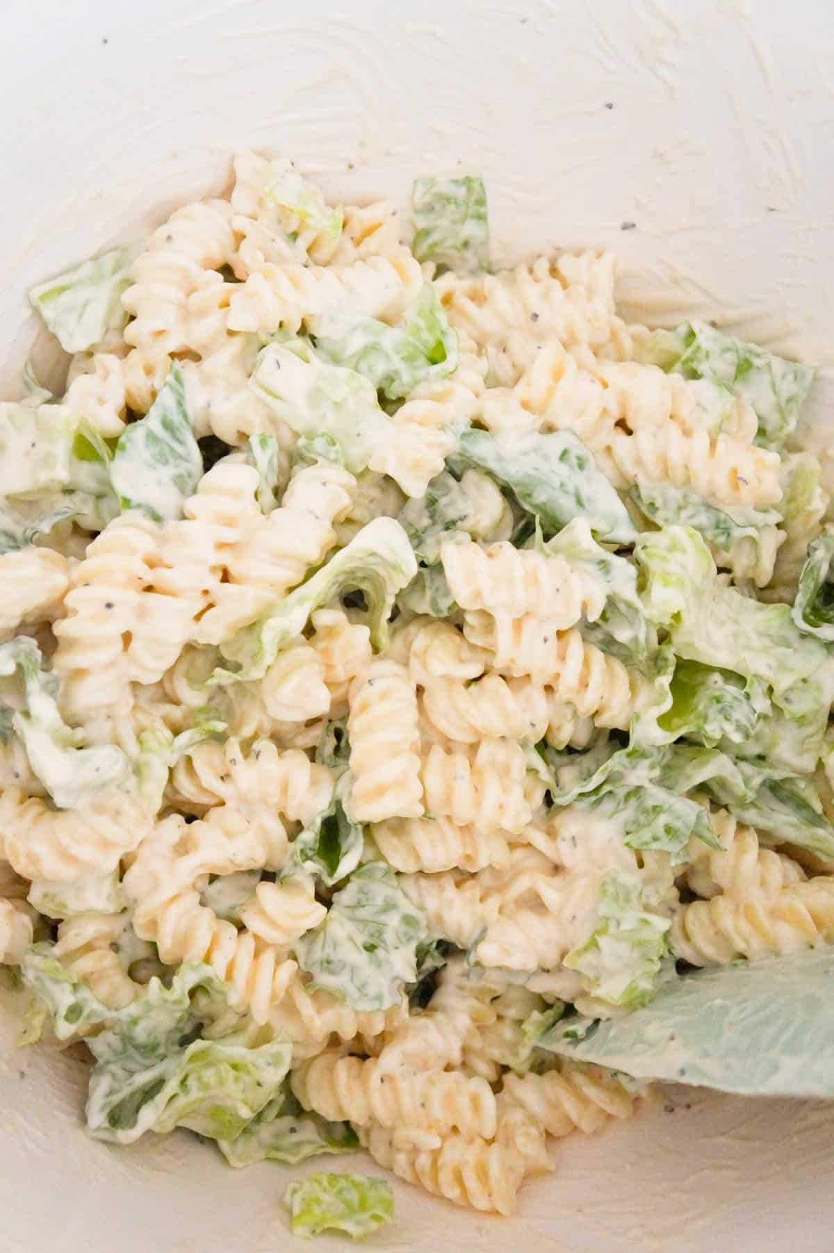 cooked fusilli noodles and chopped romaine tossed in caesar dressing